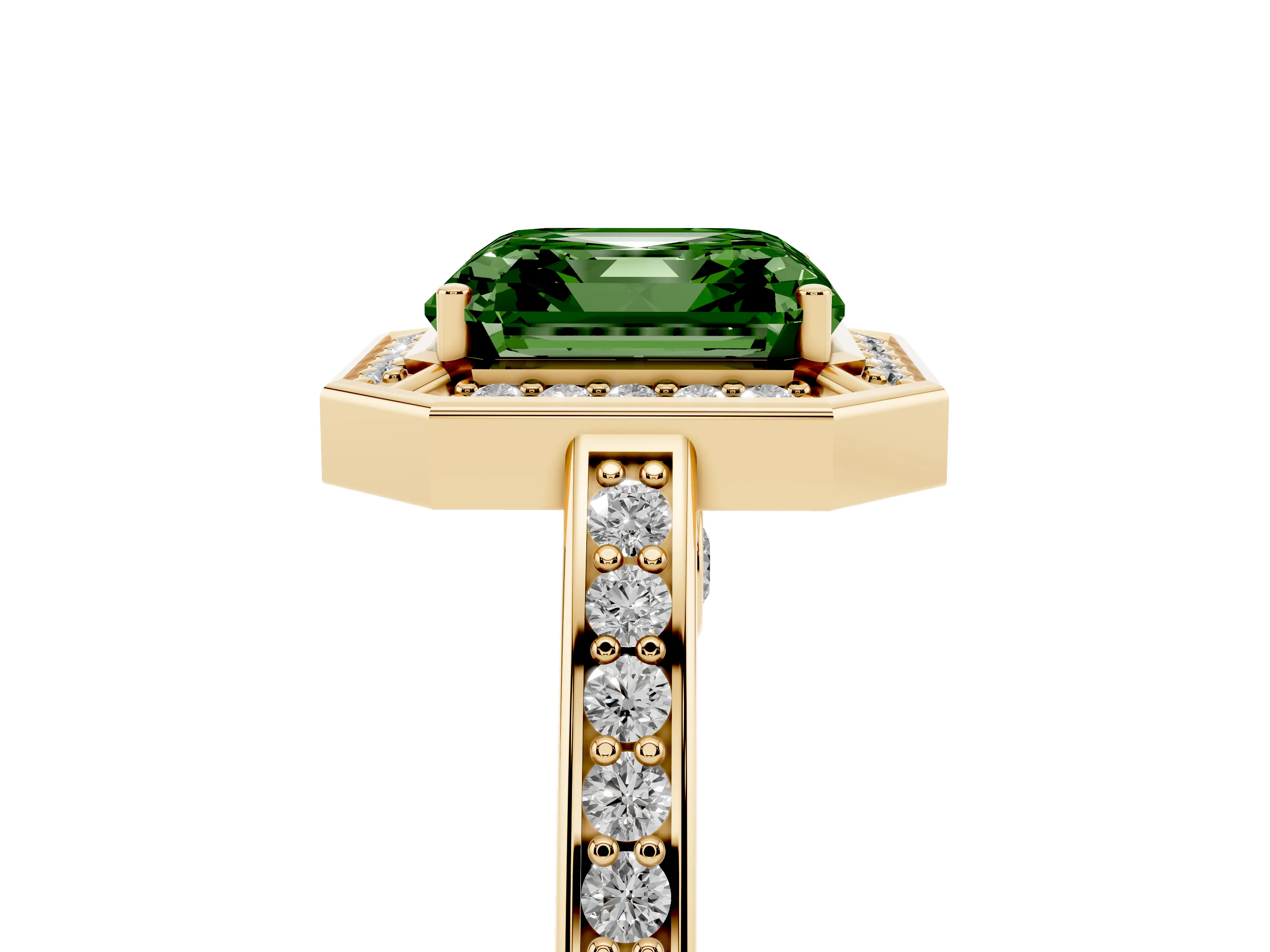 Fancy Green Asscher Cut Diamond Halo Pavé Split Shank Ring Set in Yellow gold with Prong Setting