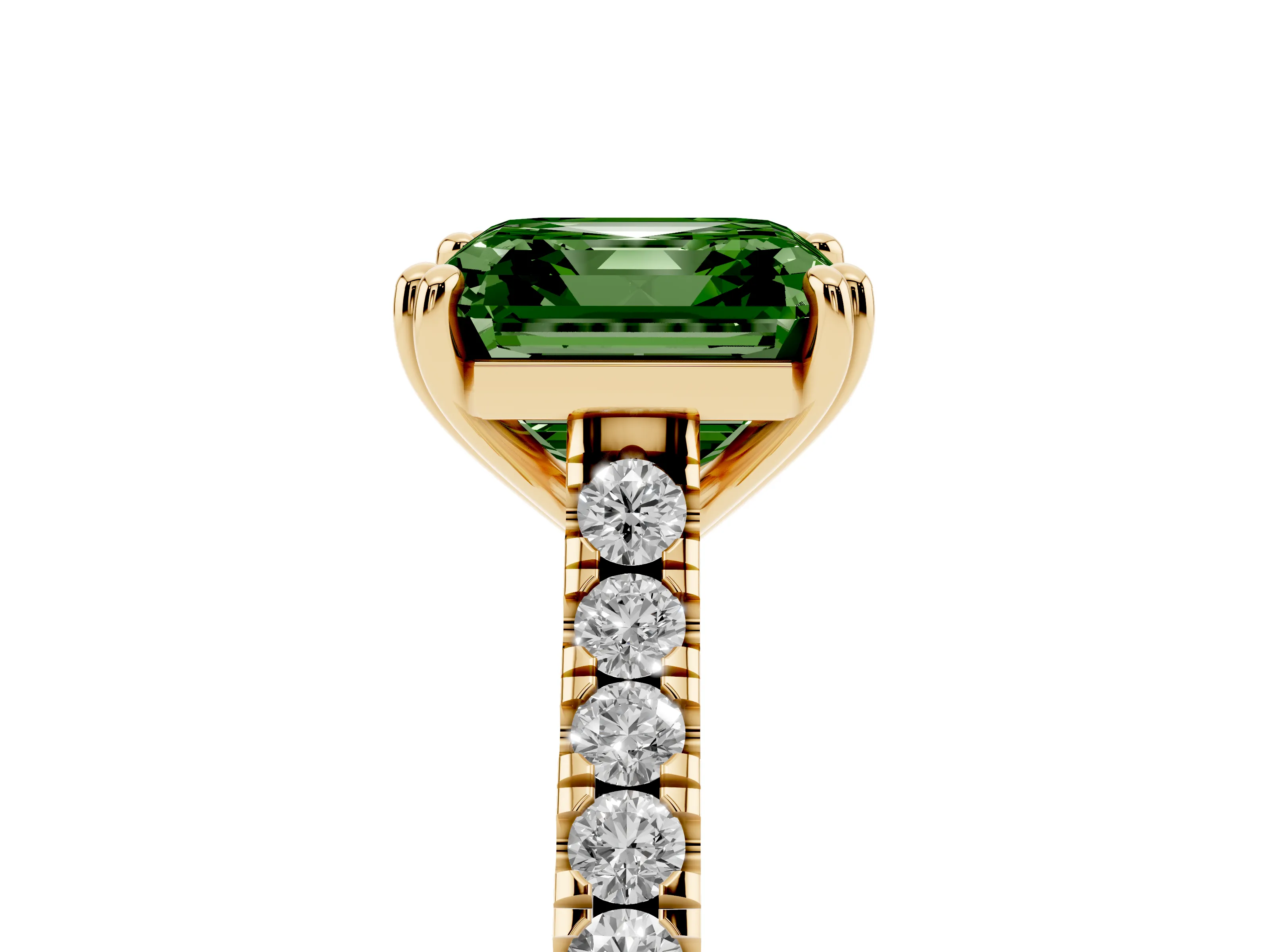 Fancy Green Asscher Cut Diamond Solitaire Engagement Ring Set in Yellow gold with Pavé Accents and Prong Setting
