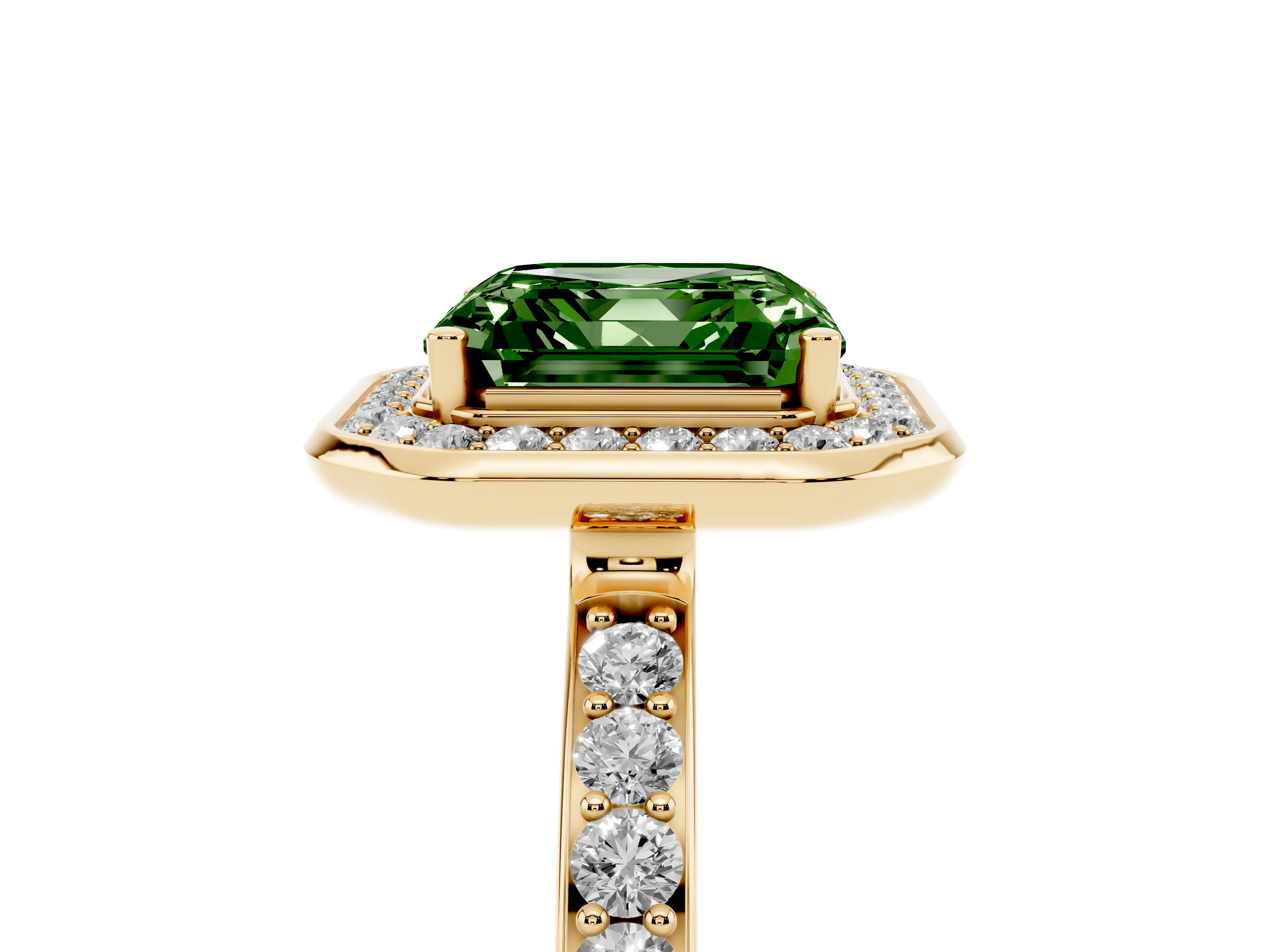 Fancy Green Asscher Cut Diamond Halo Ring Set in Yellow gold with Bezel Frame and Pavé Band