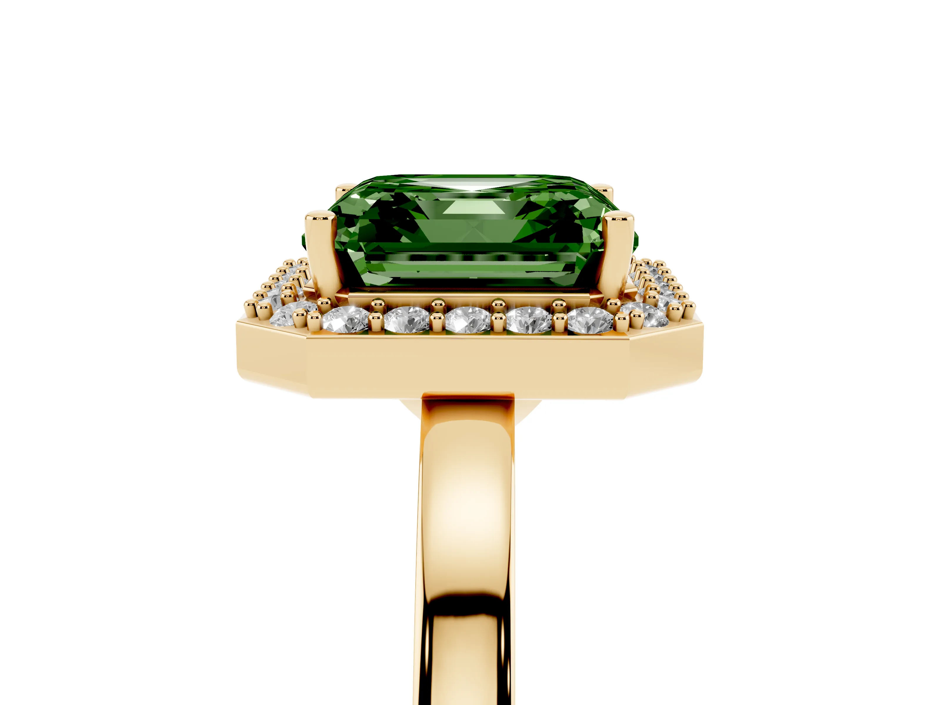 Fancy Green Asscher Cut Diamond Halo Ring Set in Yellow gold with Solitaire Band and Prong Setting