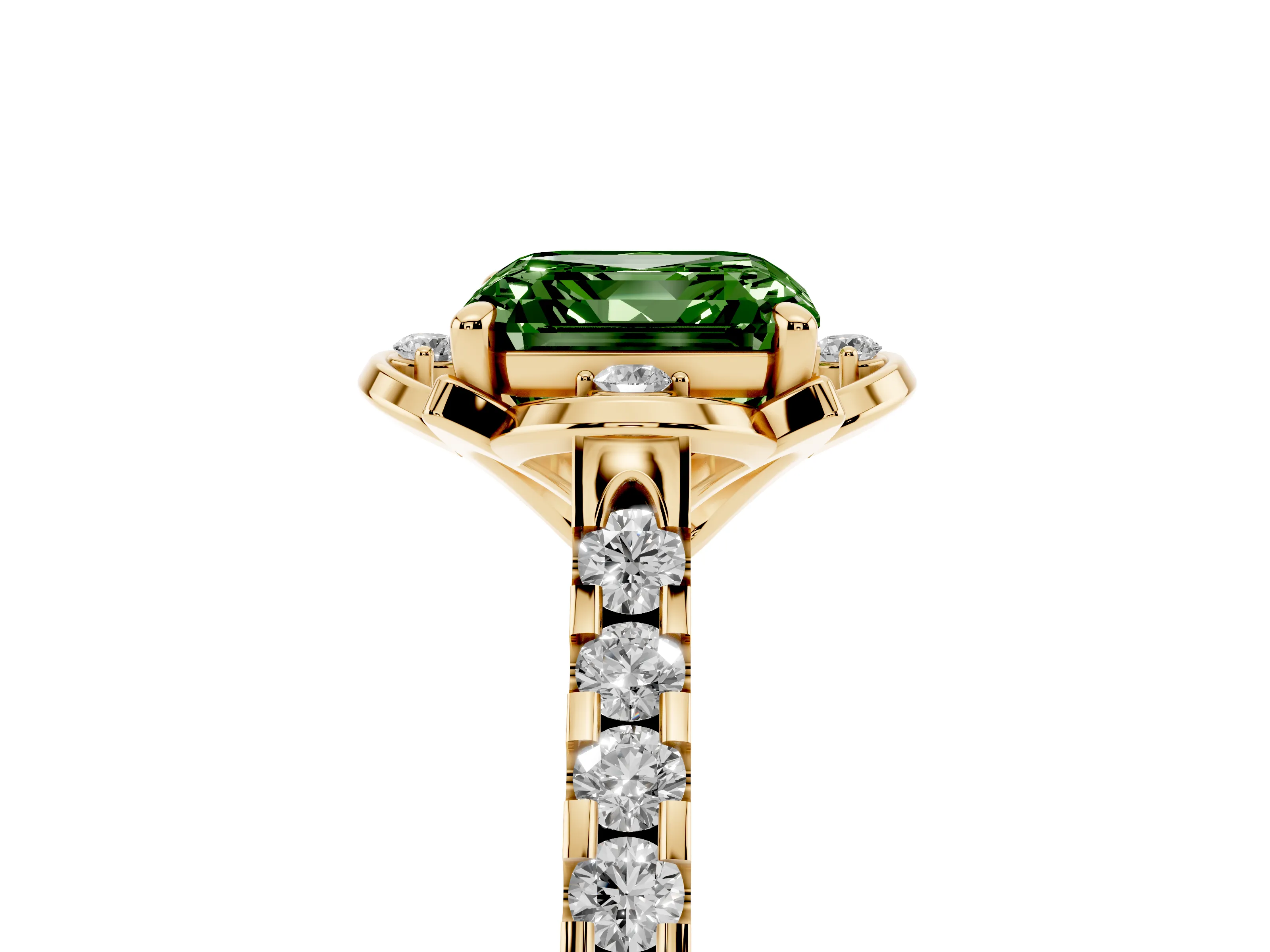 Fancy Green Asscher Cut Diamond Solitaire Ring Set in Yellow gold with Pavé Band and Floral Prong Setting