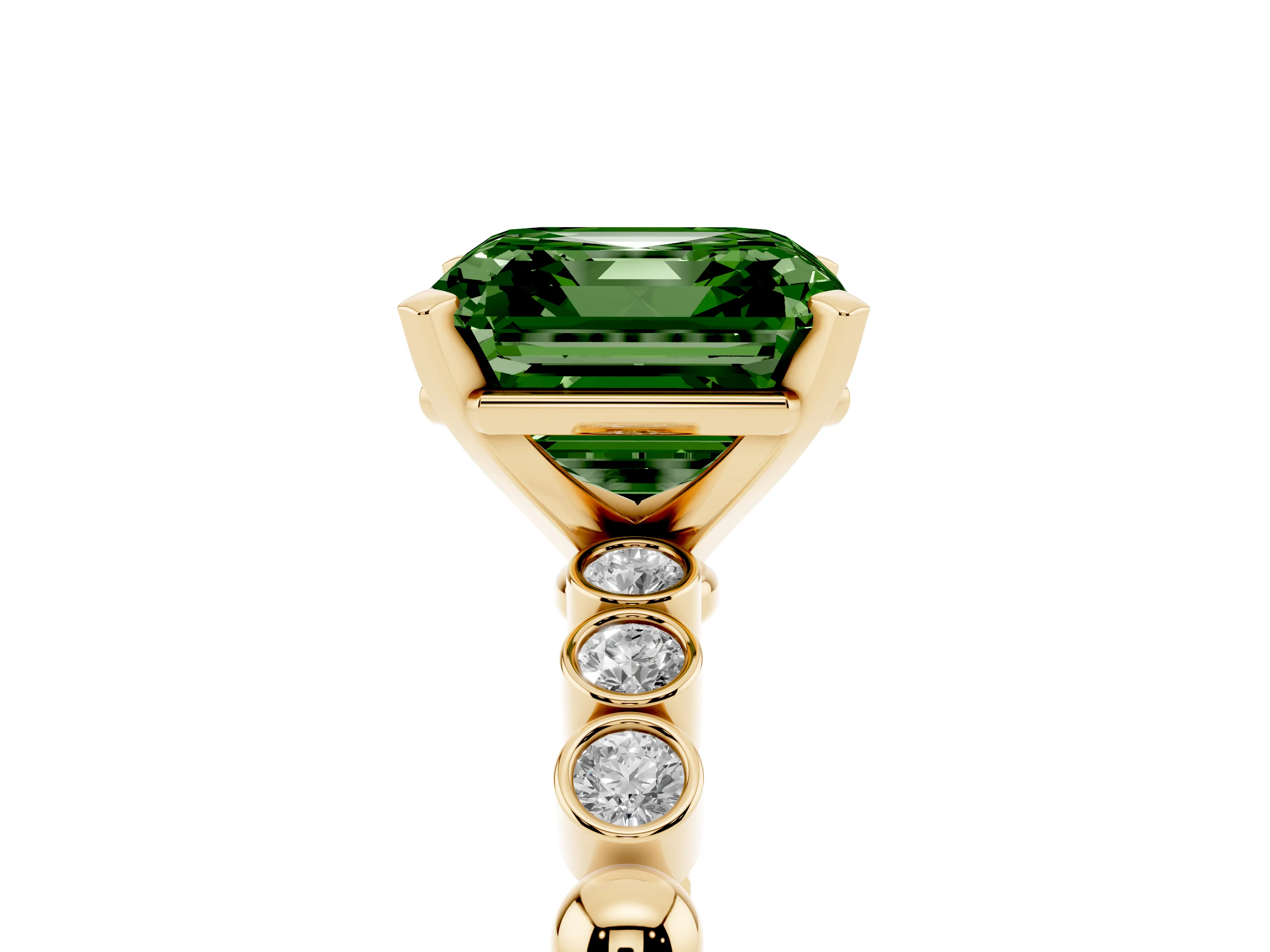Fancy Green Asscher Cut Diamond Solitaire Engagement Ring Set in Yellow gold with Bezel Accents on Beaded Band