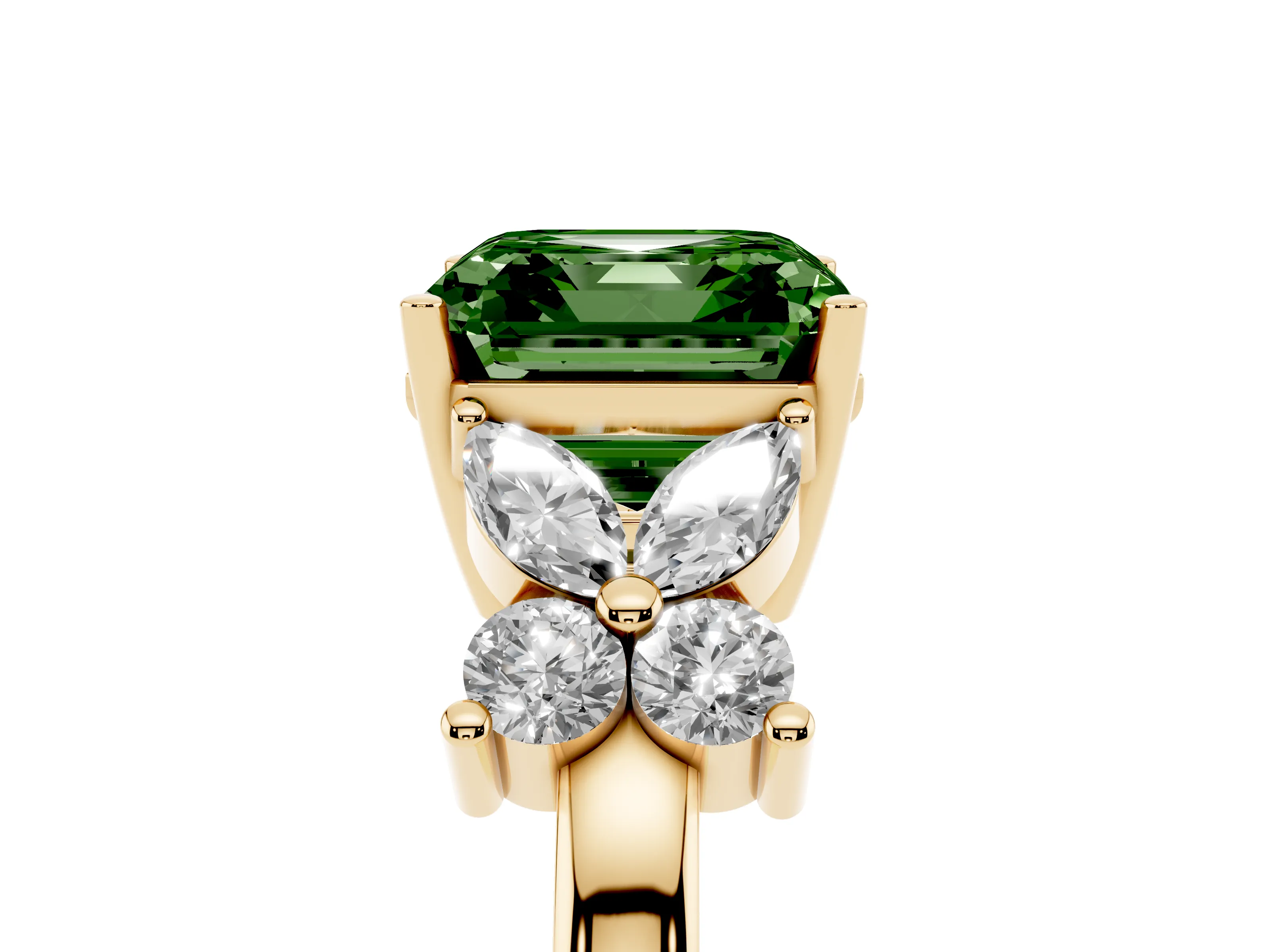 Fancy Green Asscher Cut Diamond Floral Cluster Ring Set in Yellow gold with Marquise Petals and Prong Setting