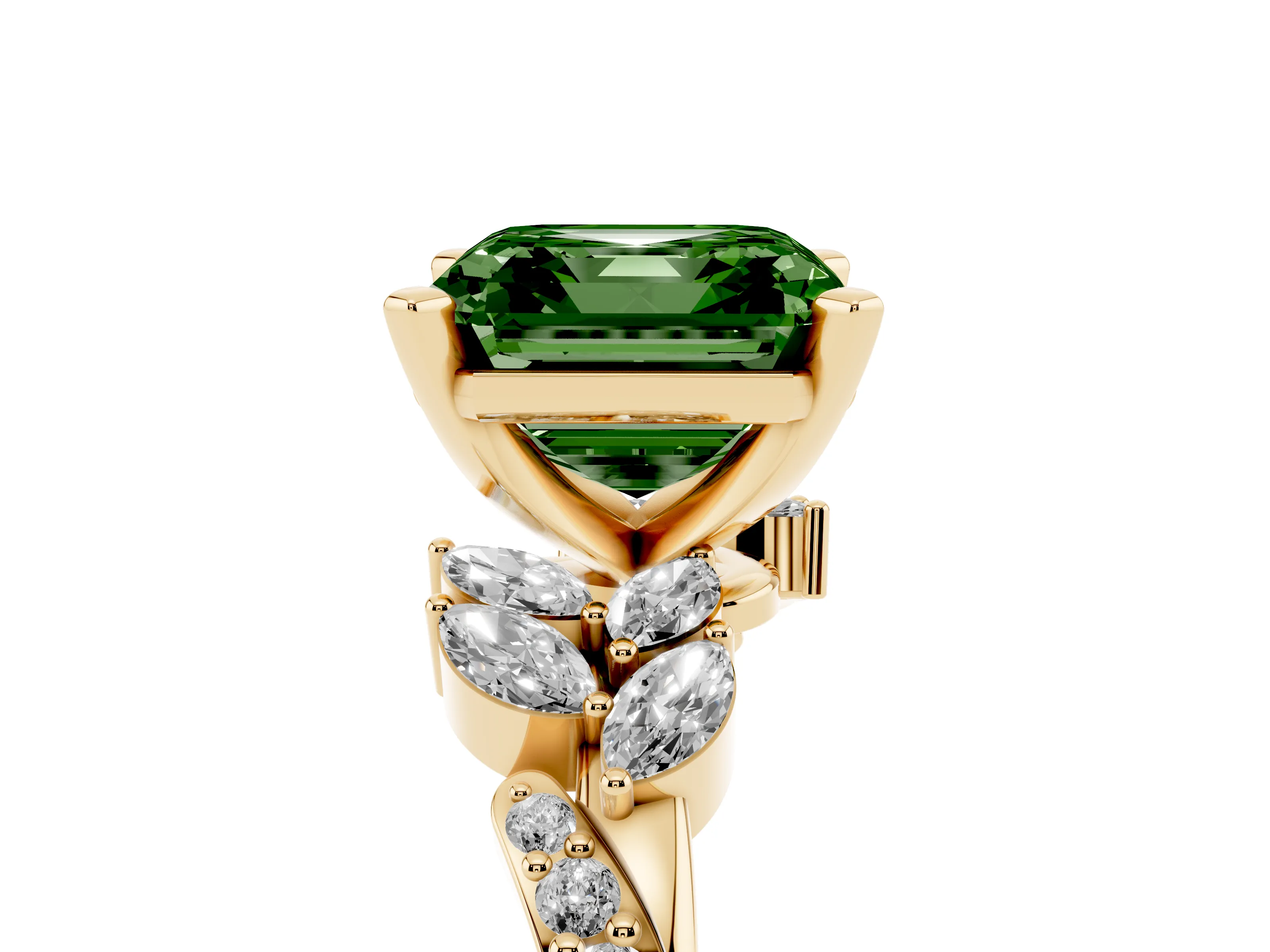 Fancy Green Asscher Cut Diamond Solitaire Ring Set in Yellow gold with Marquise Twist Band and Prong Setting