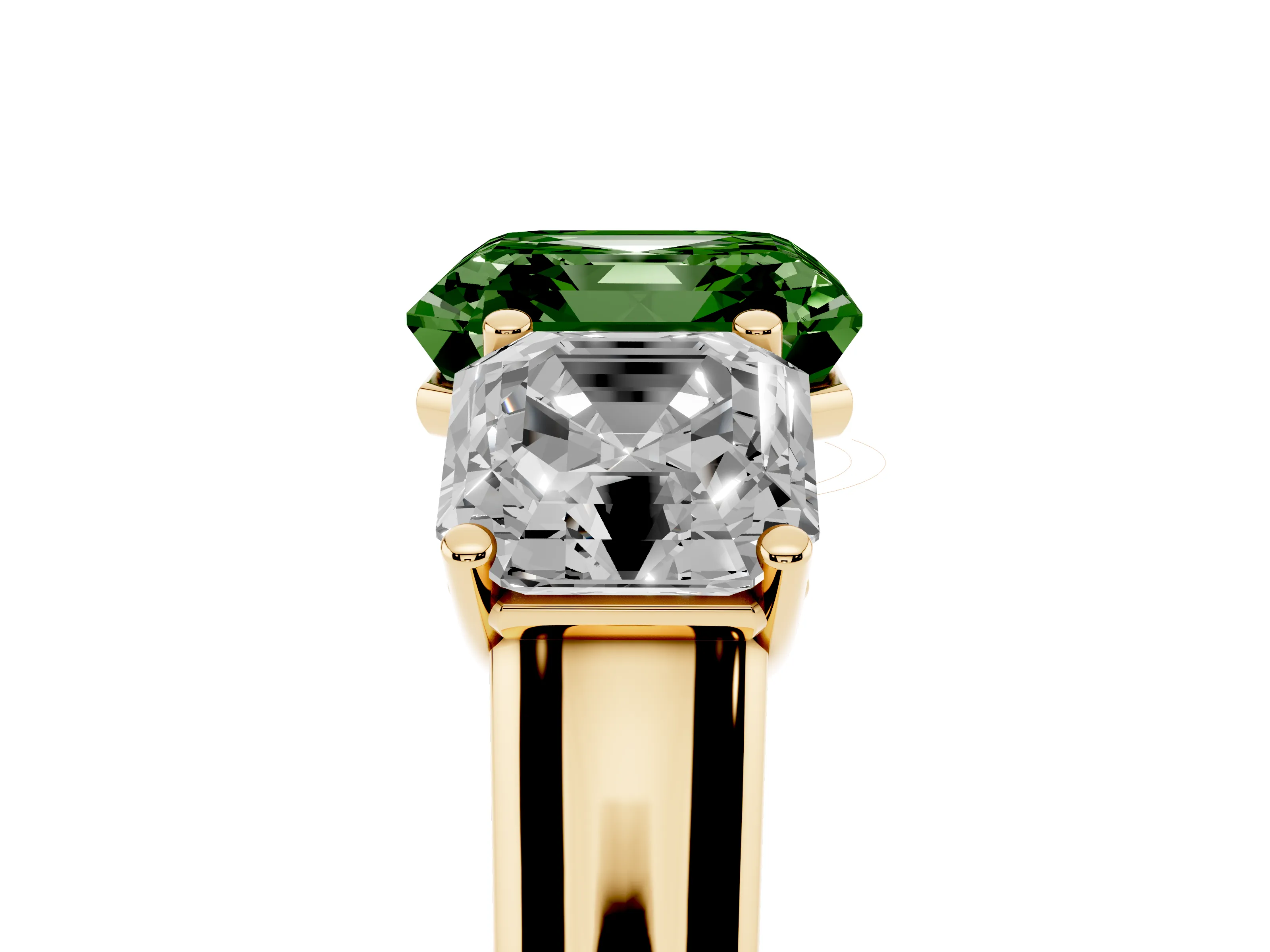 Fancy Green Asscher Cut Diamond Three-Stone Ring Set in Yellow gold with Plain Polished Band