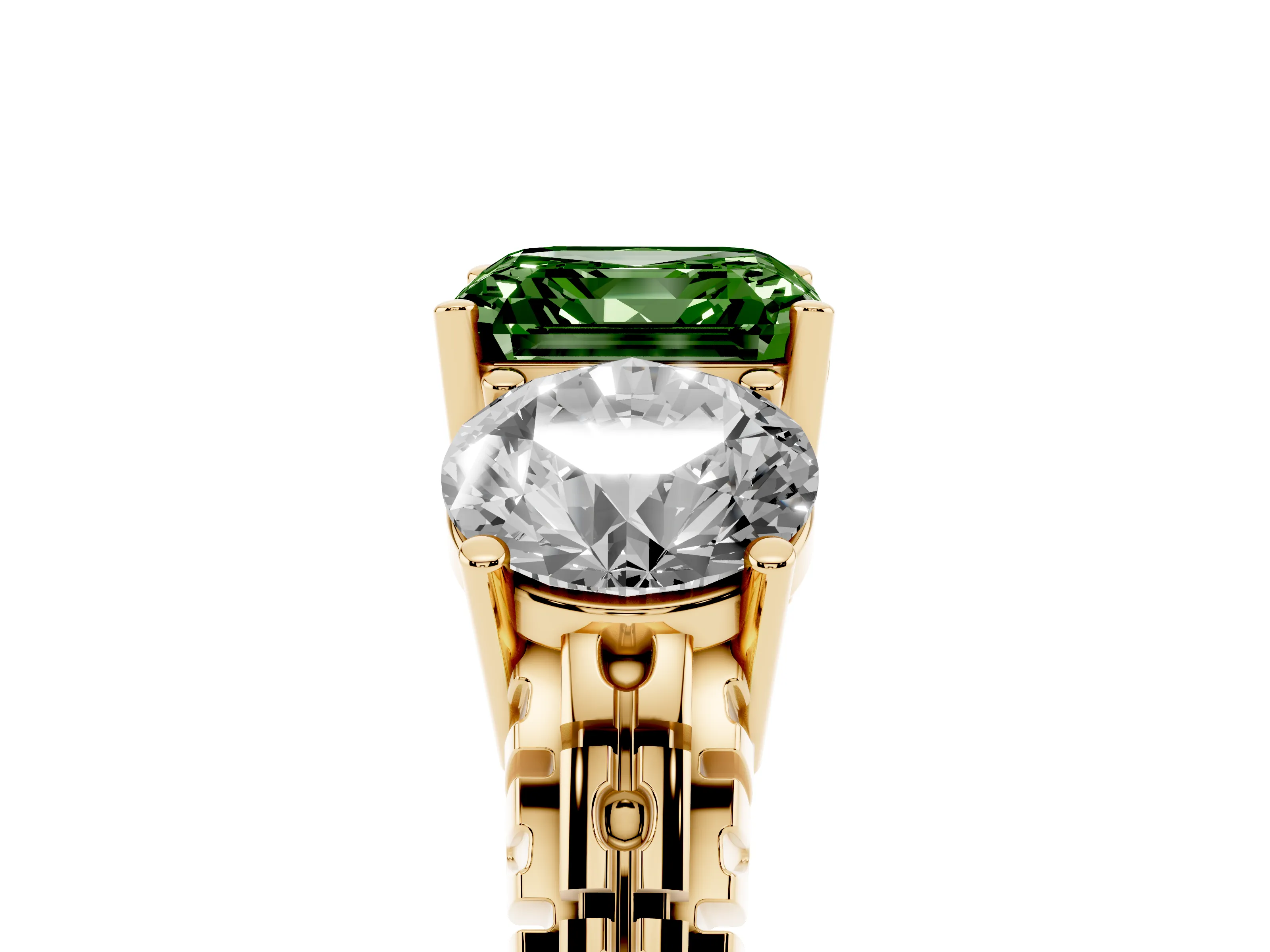 Fancy Green Asscher Cut Diamond Three-Stone Ring Set in Yellow gold with Channel-Set Accent Band