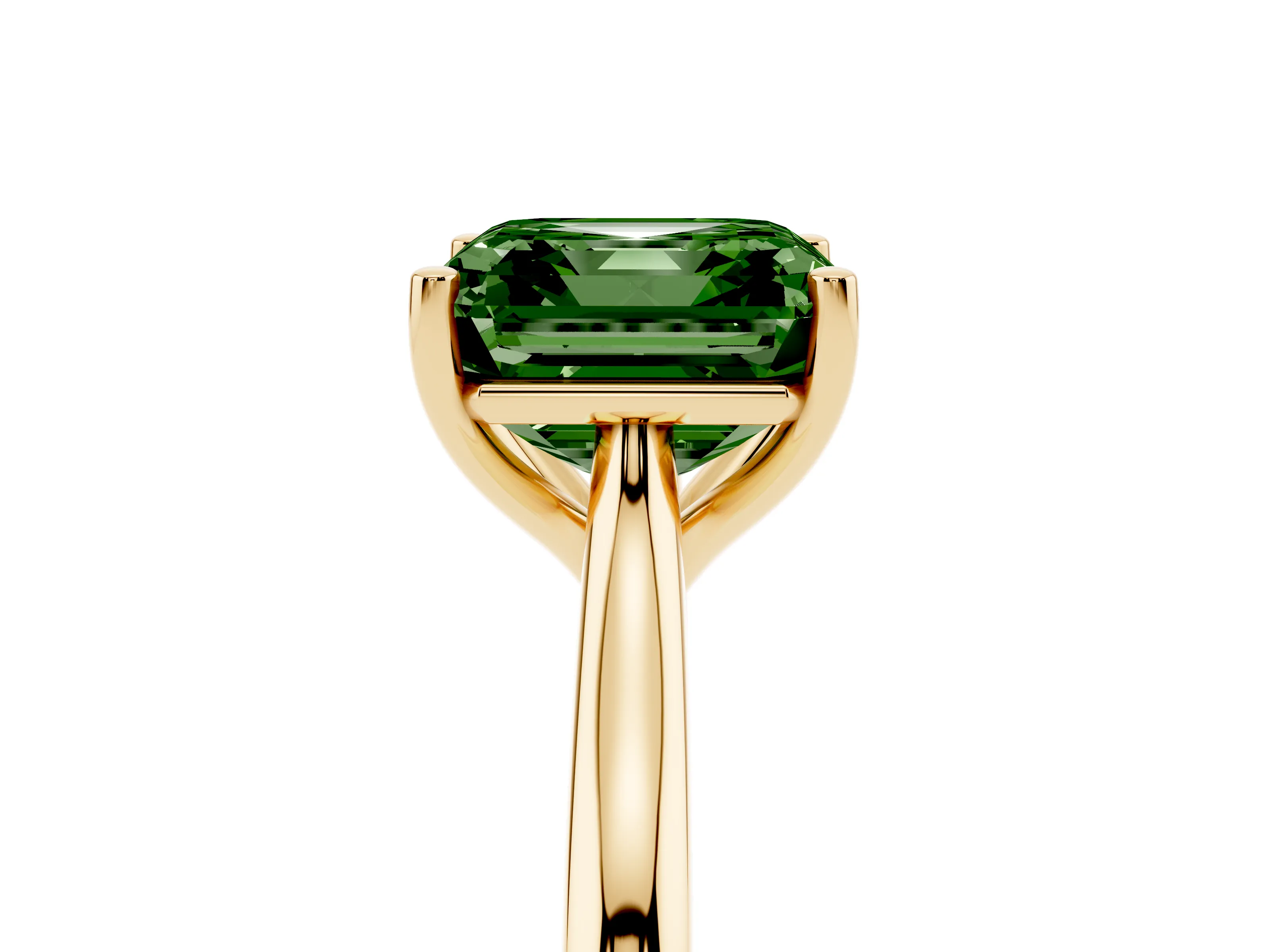 Fancy Green Asscher Cut Diamond Solitaire Ring Set in Yellow gold with Cathedral Band and Prong Setting