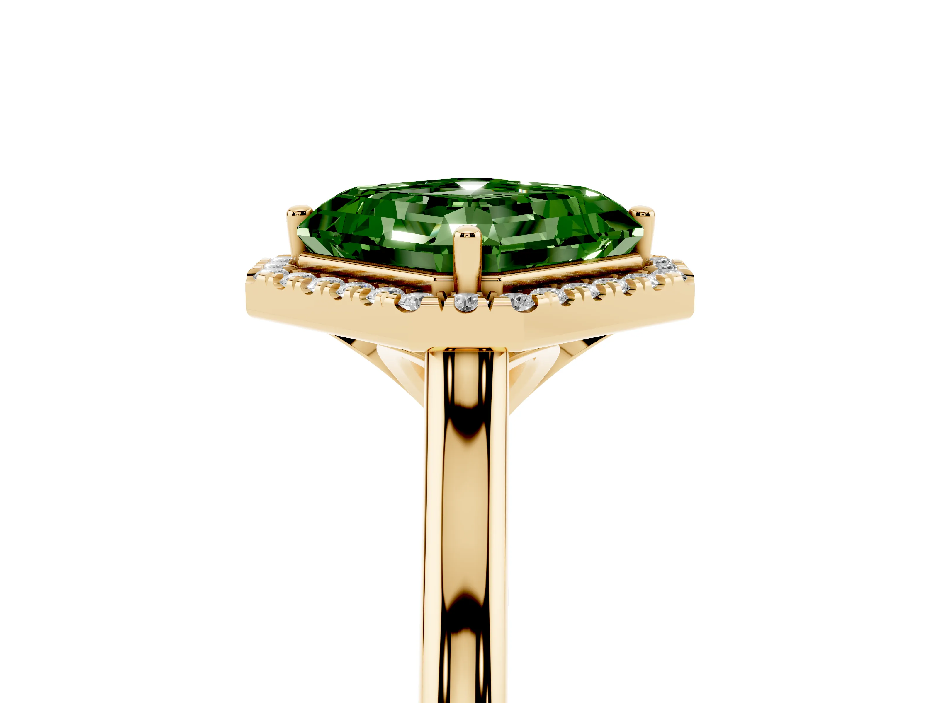 Fancy Green Asscher Cut Diamond Halo Engagement Ring Set in Yellow gold with Pavé Band and Rising Shoulders