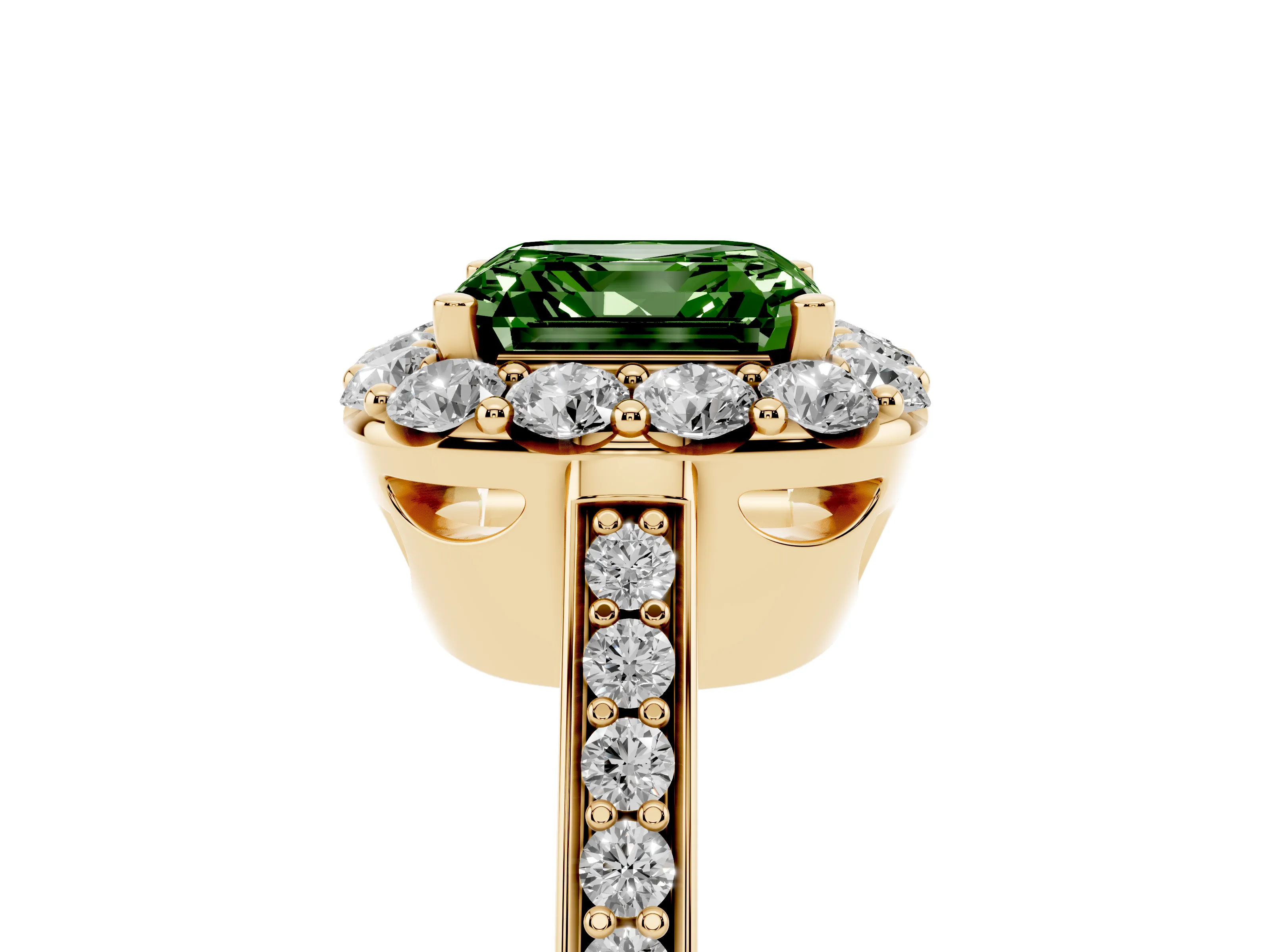 Fancy Green Asscher Cut Diamond Floral Halo Ring Set in Yellow gold with Pavé Band and Prong Setting