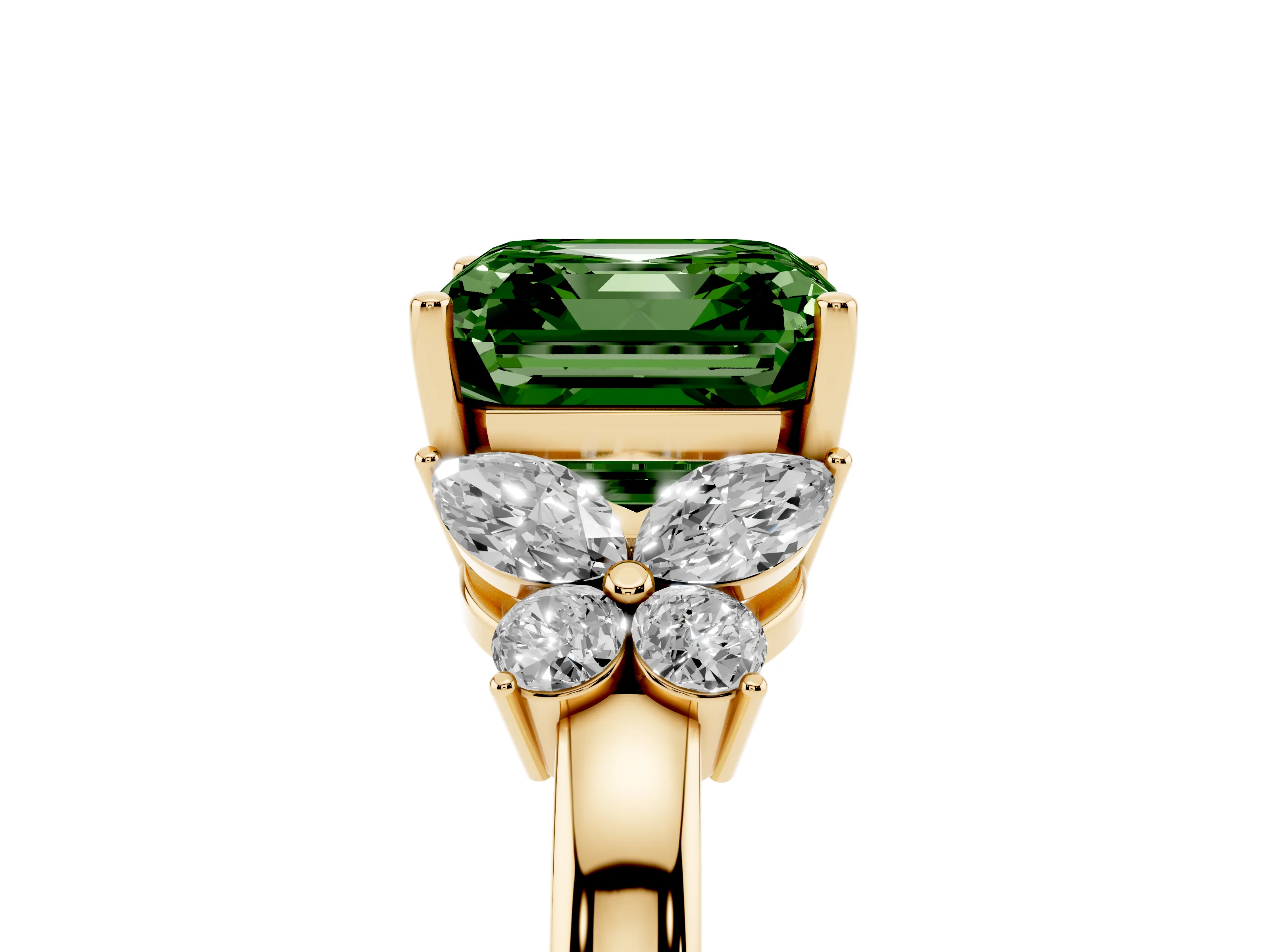 Fancy Green Asscher Cut Diamond Solitaire Floral Ring Set in Yellow gold with Marquise Petals and Prong Setting