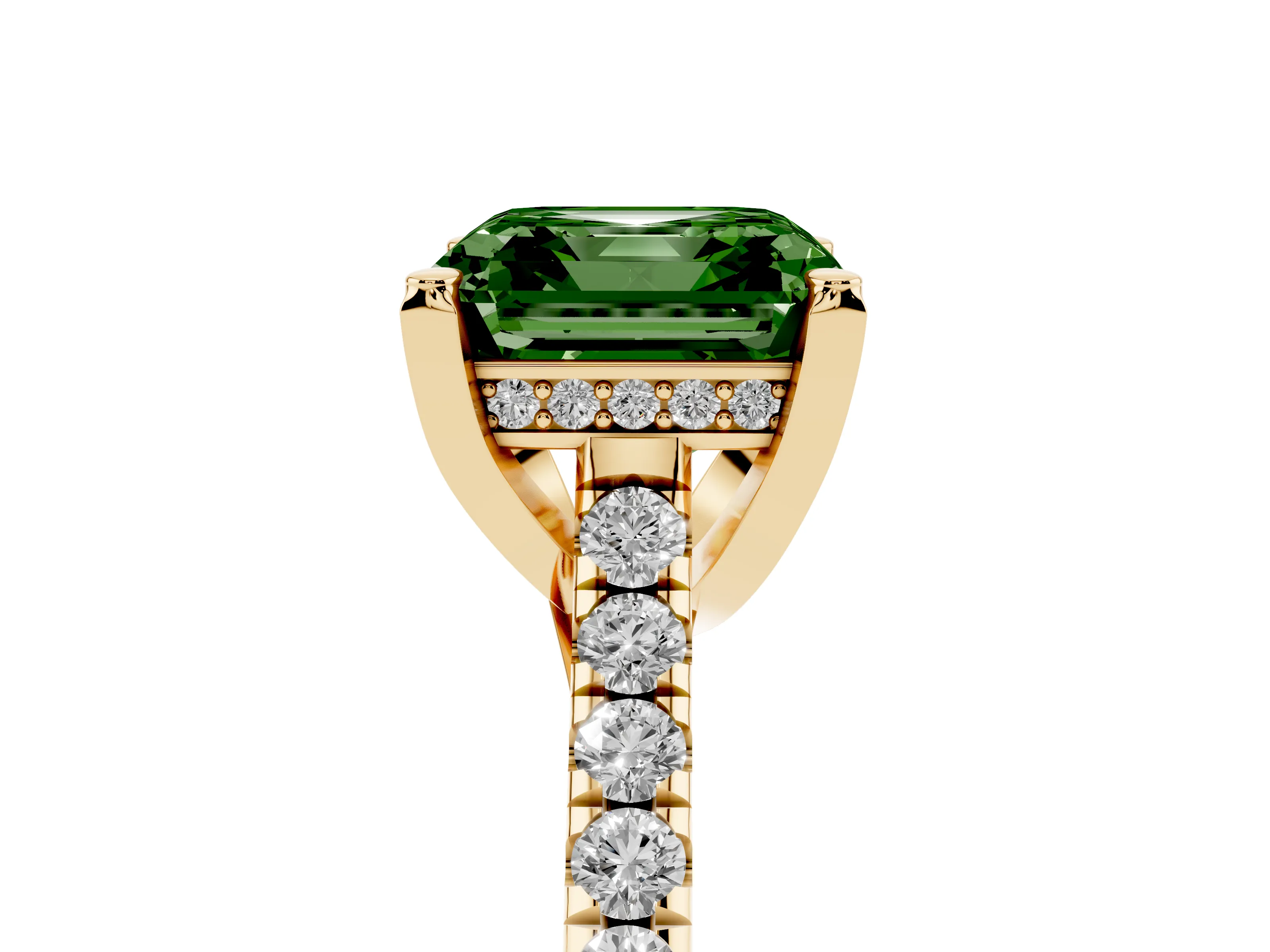 Fancy Green Asscher Cut Diamond Solitaire Ring Set in Yellow gold with Brilliant Pavé Band and Prong Setting