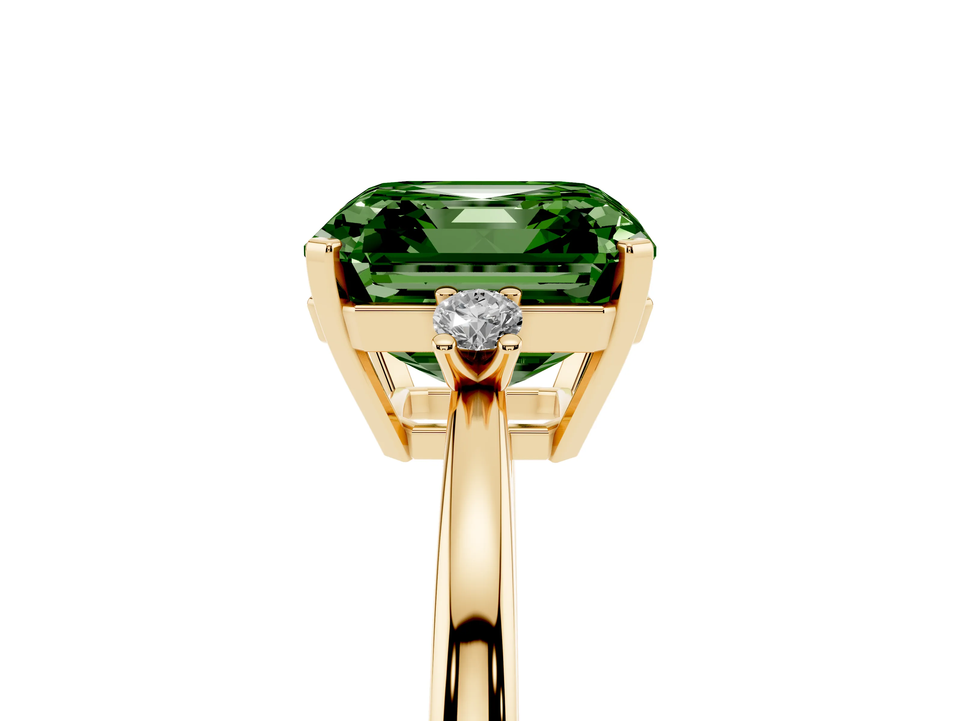 Fancy Green Three-Stone Asscher Cut Diamond Solitaire Ring Set in Yellow gold with Round Accent Stones and Prong Setting