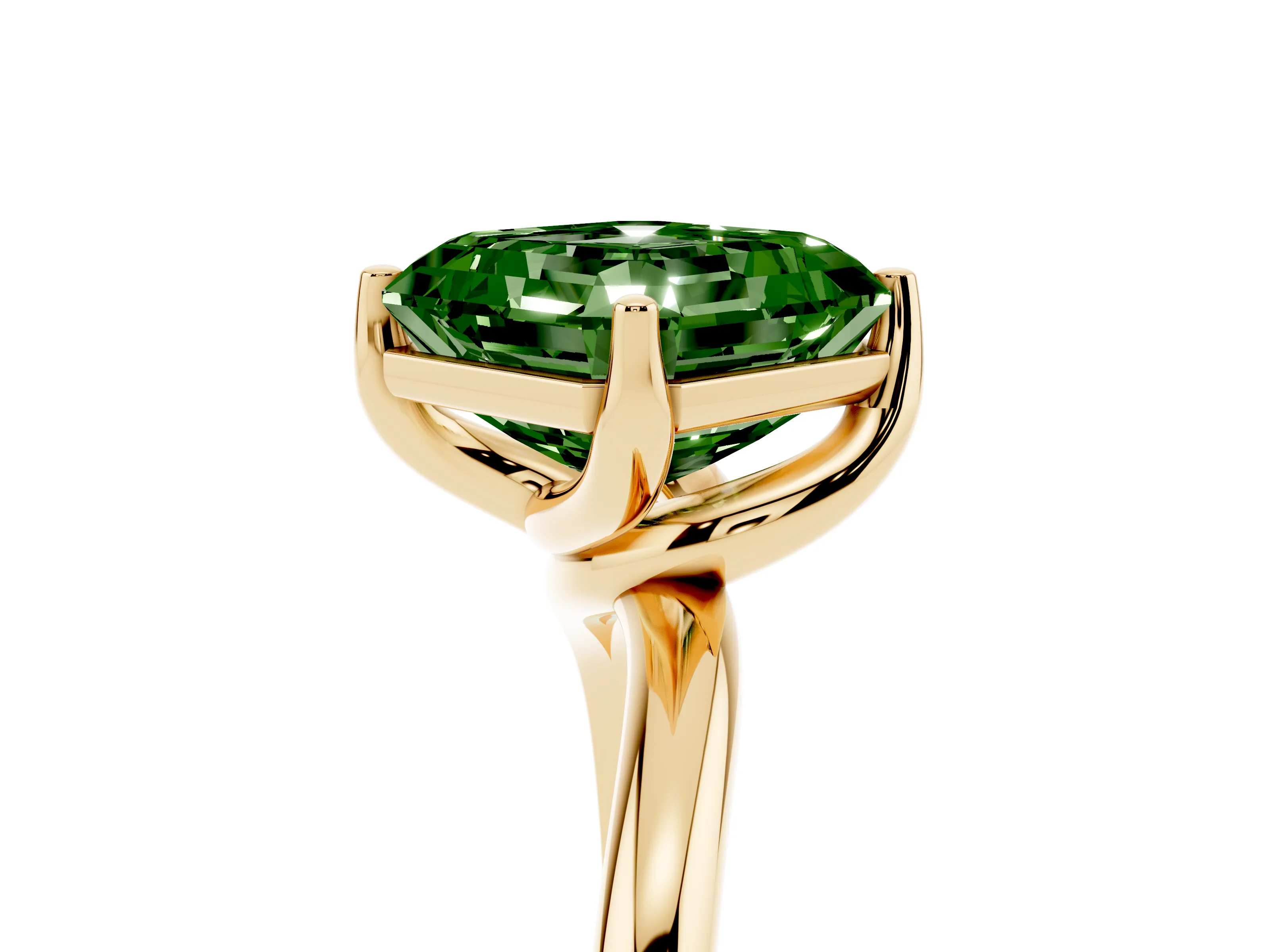 Fancy Green Asscher Cut Diamond Solitaire Engagement Ring Set in Yellow gold with Classic Plain Band