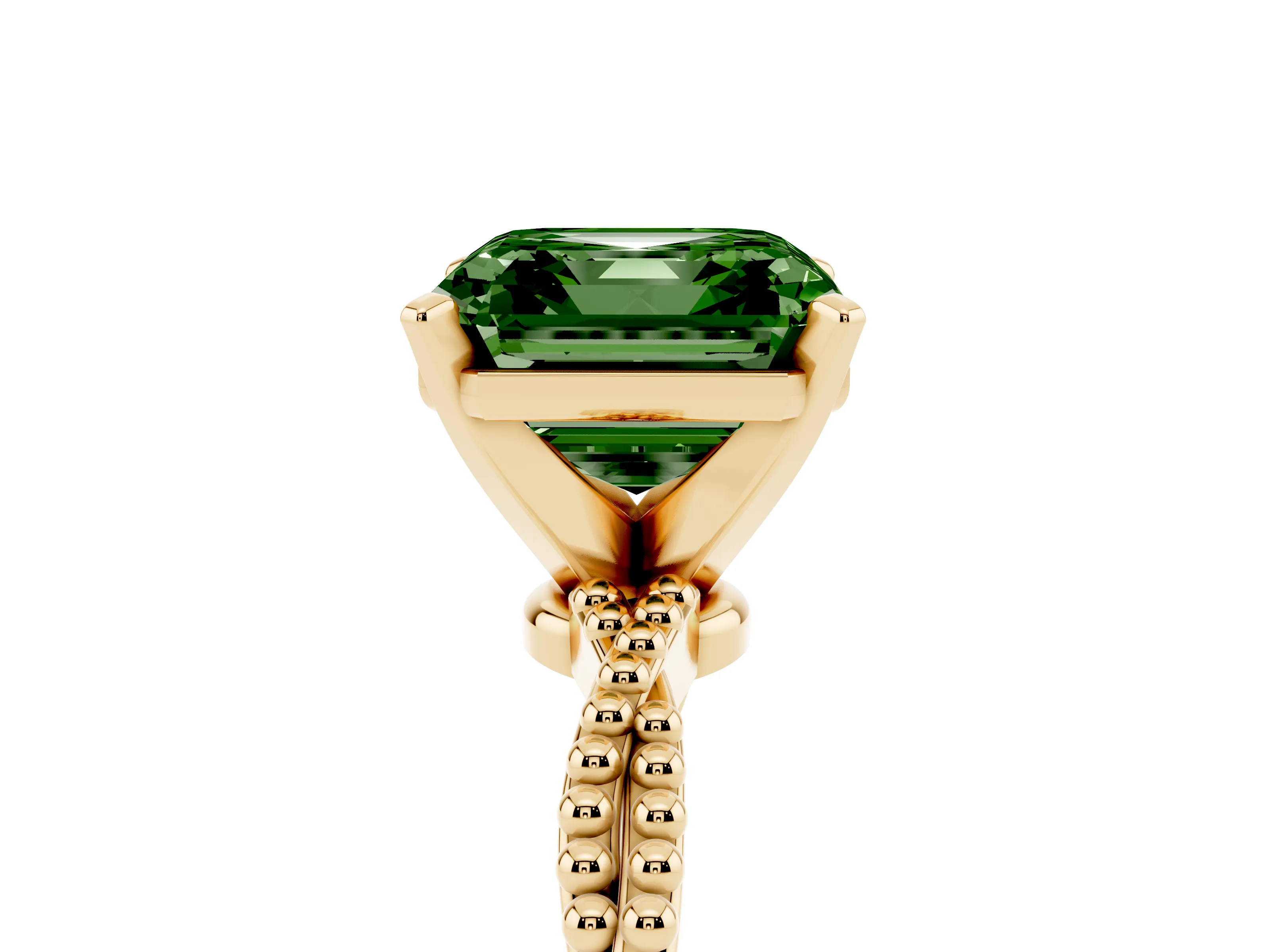 Fancy Green Asscher Cut Diamond Solitaire Ring Set in Yellow gold with Twisted Band and Bead Prong Setting