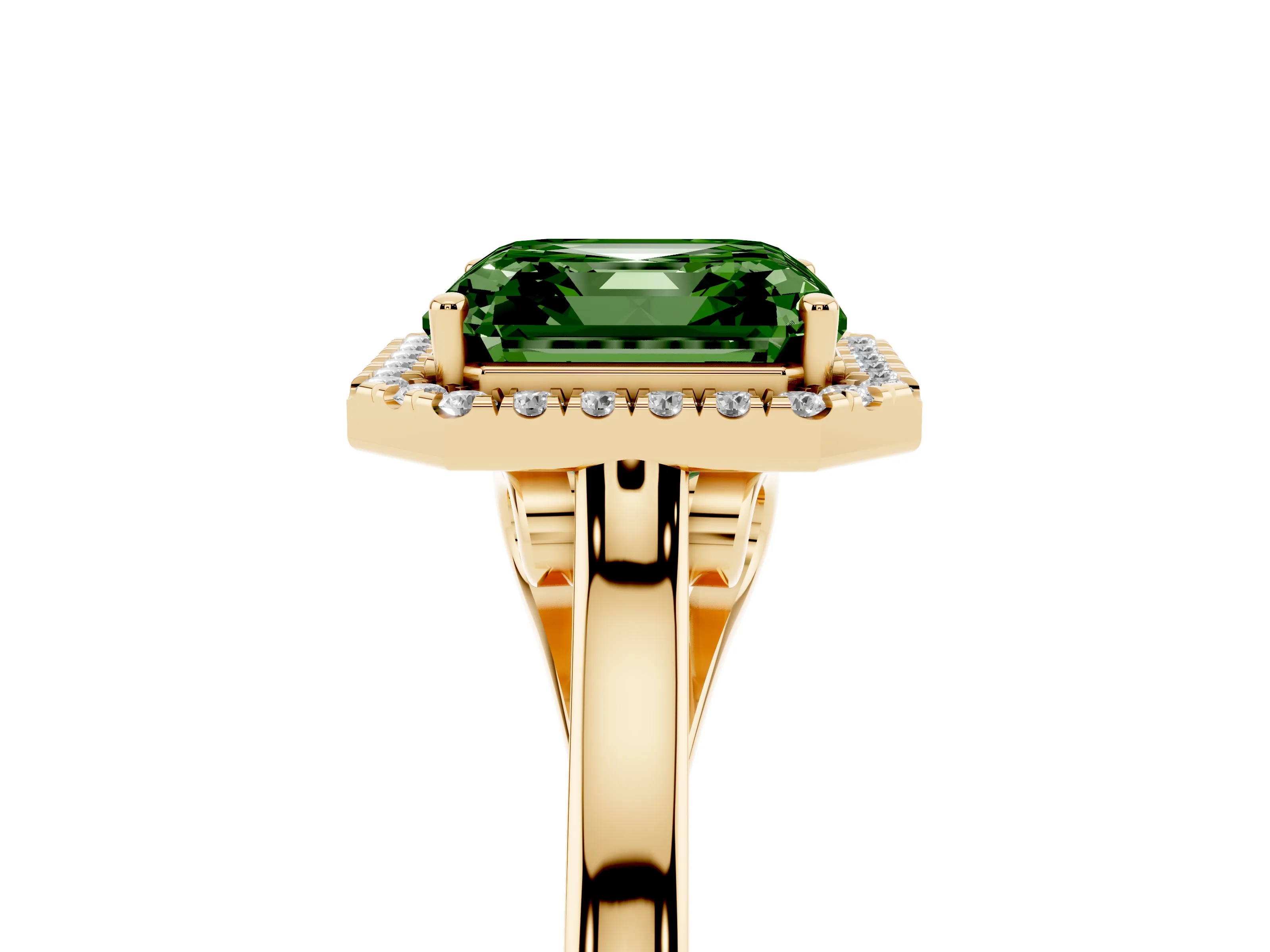 Fancy Green Asscher Cut Halo Round Diamond Solitaire Ring Set in Yellow gold with Pavé Band and Prong Setting