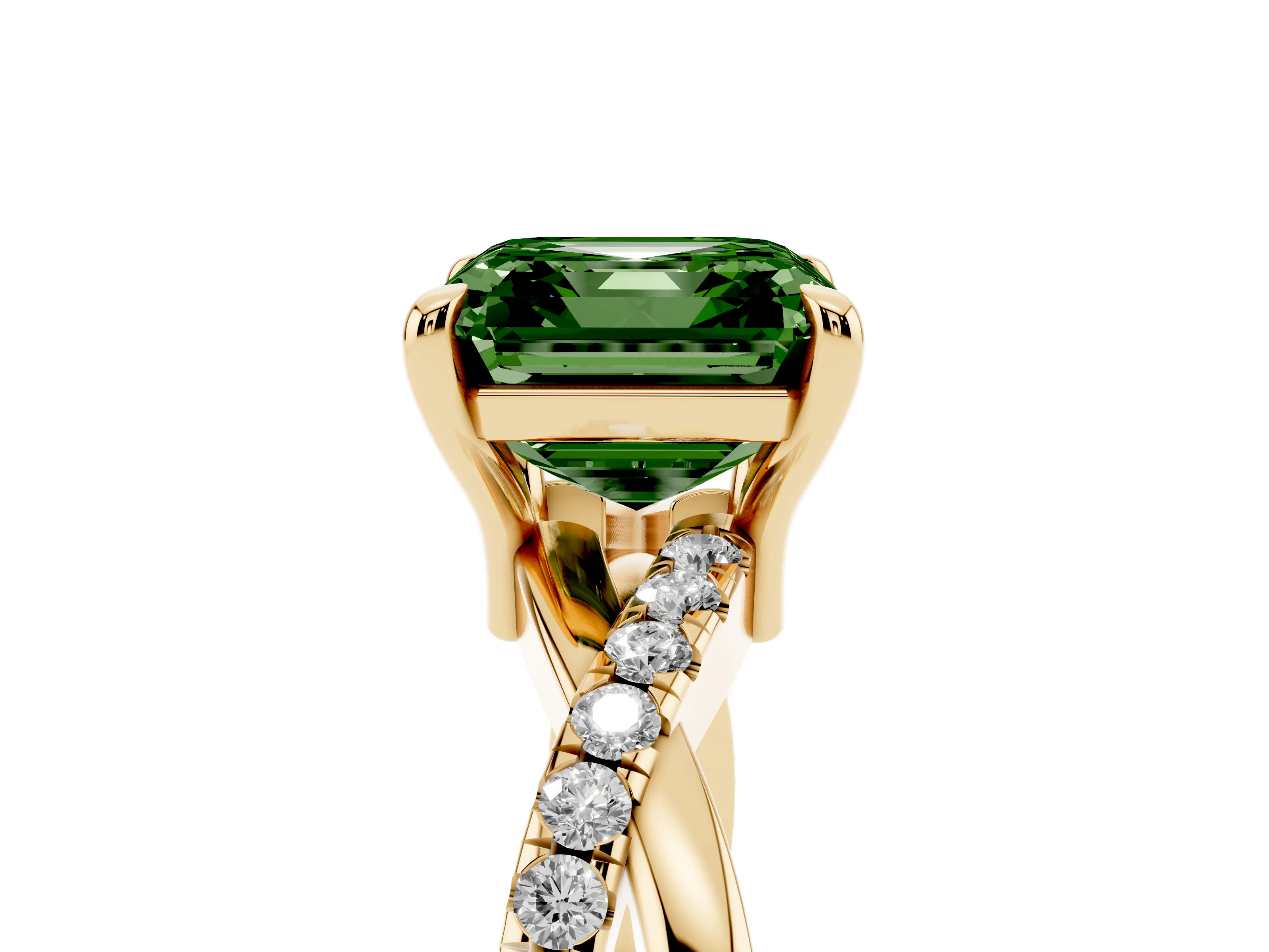 Fancy Green Asscher Cut Diamond Twist Band Pavé Solitaire Ring Set in Yellow gold with Prong Setting