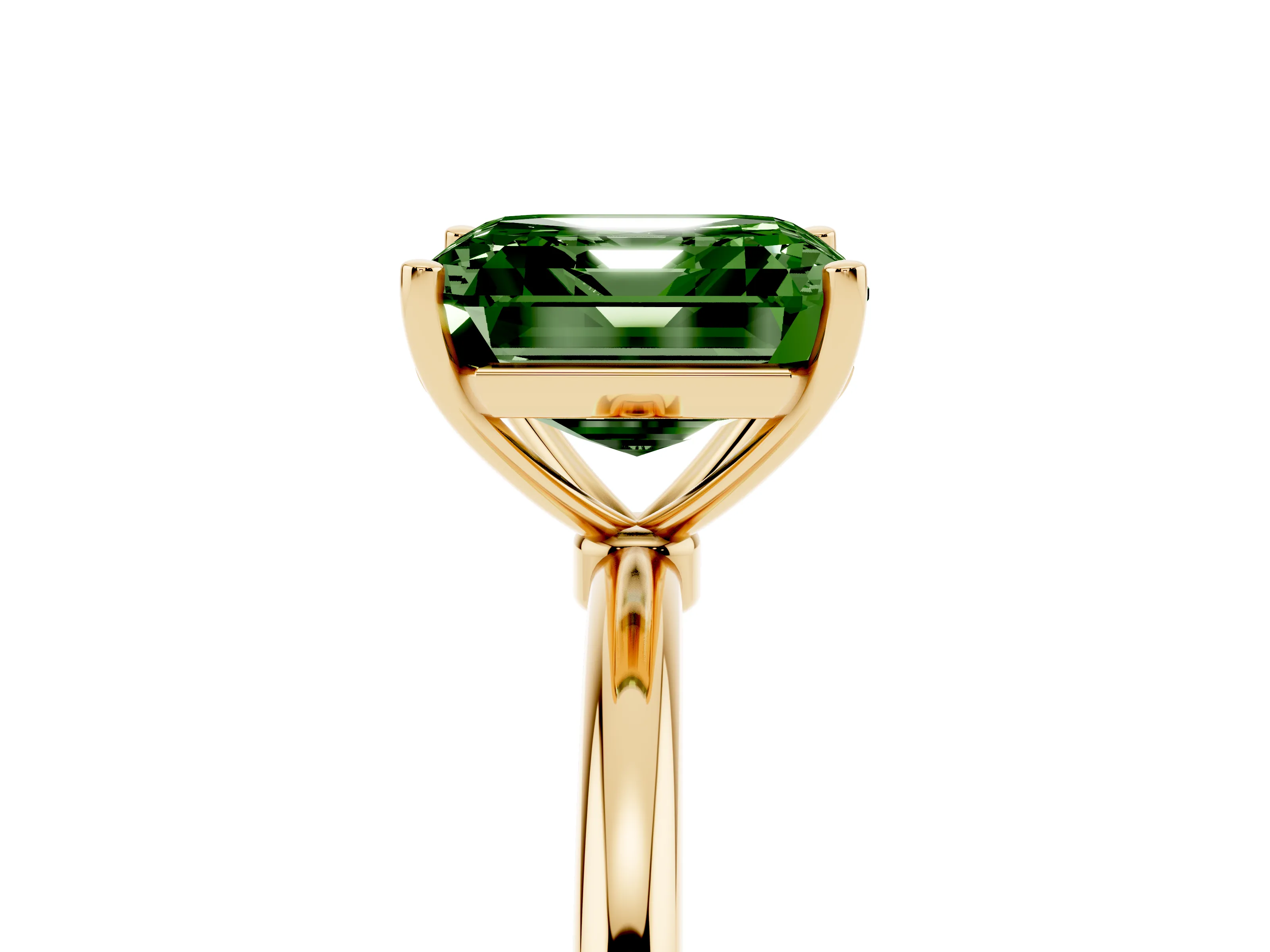 Fancy Green Asscher Cut Diamond Solitaire Engagement Ring Set in Yellow gold with Thin Band and Prong Setting
