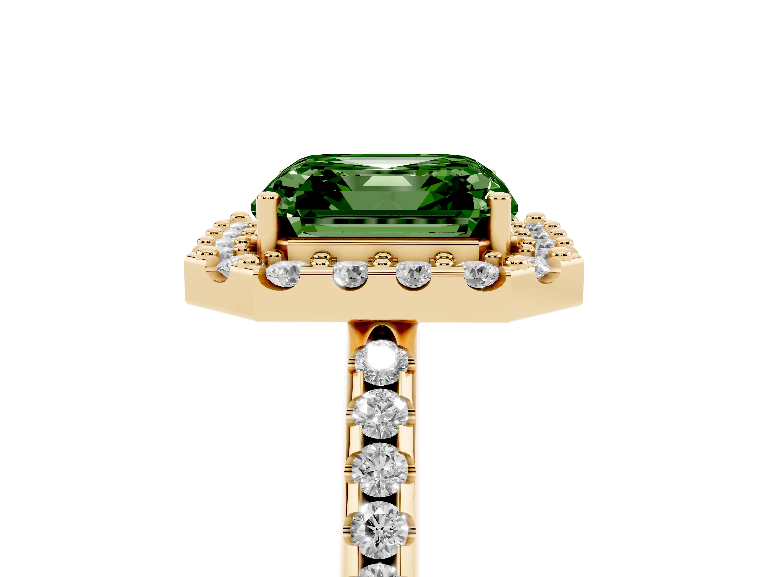 Fancy Green Asscher Cut Diamond Pavé Halo Ring Set in Yellow gold with Prong Setting