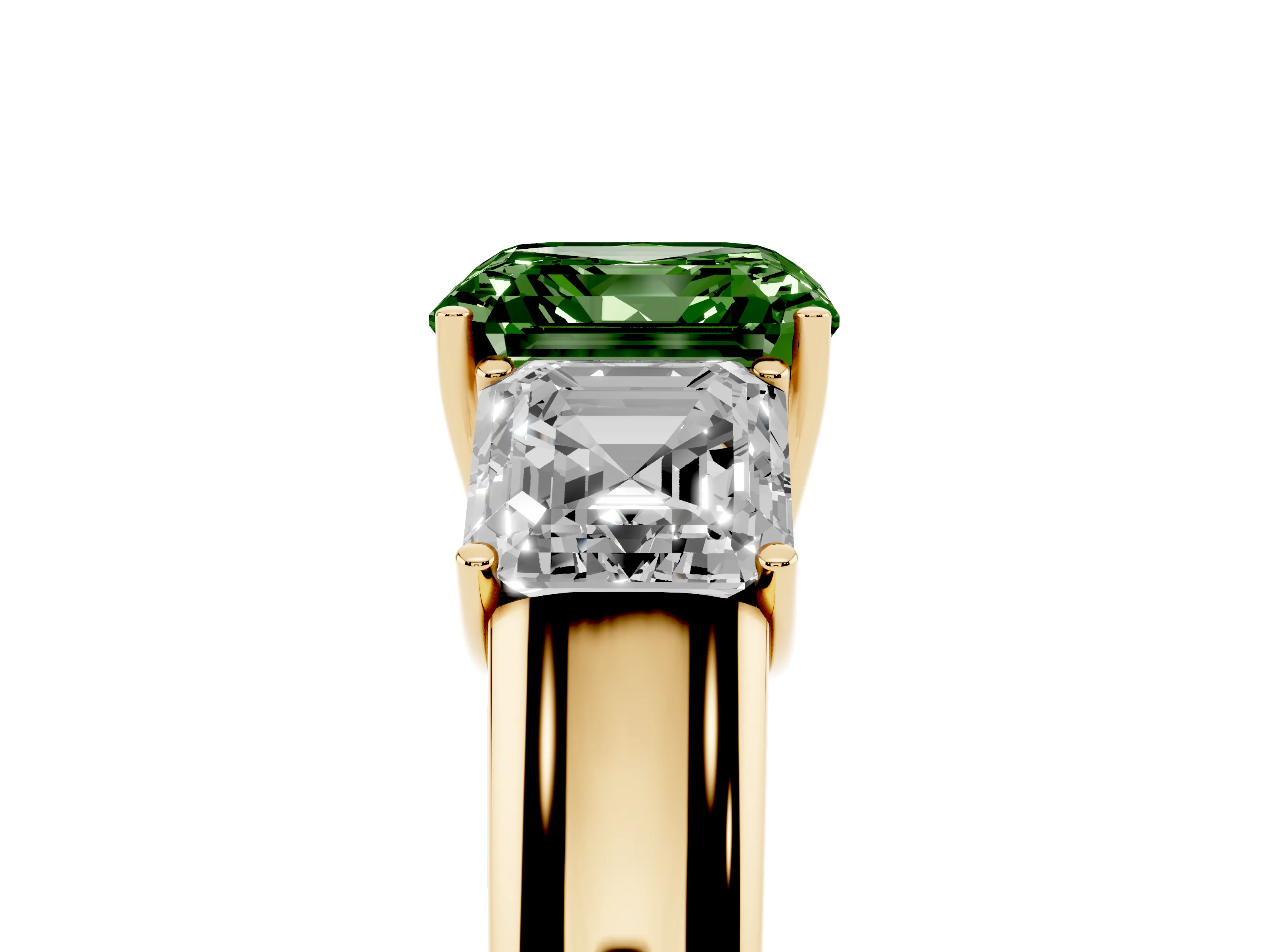 Fancy Green Three-Stone Asscher Cut Diamond Ring Set in Yellow gold with Matching Prong Settings and Plain Band