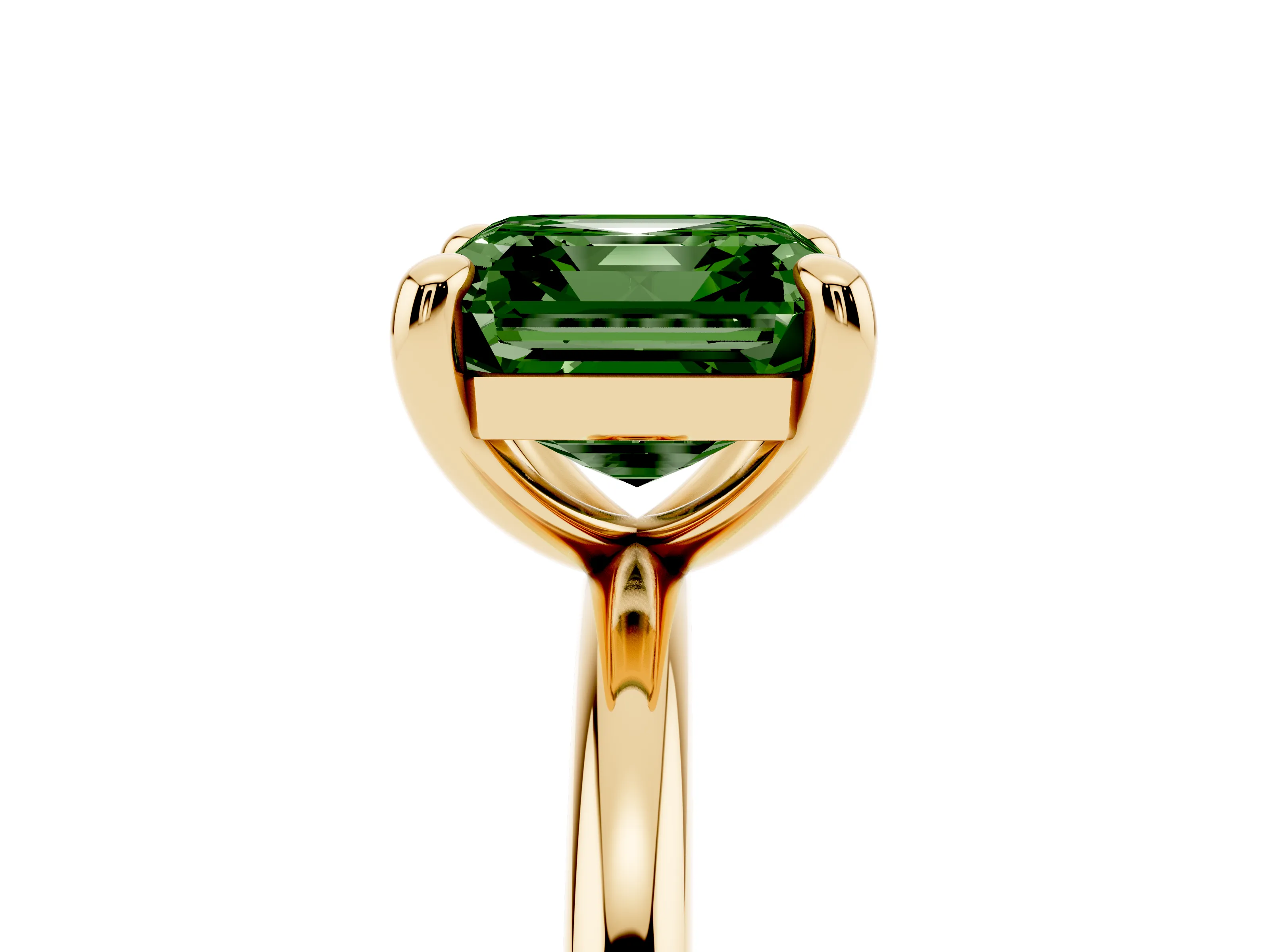 Fancy Green Asscher Cut Diamond Solitaire Ring Set in Yellow gold with Prong Setting on a Polished Plain Band