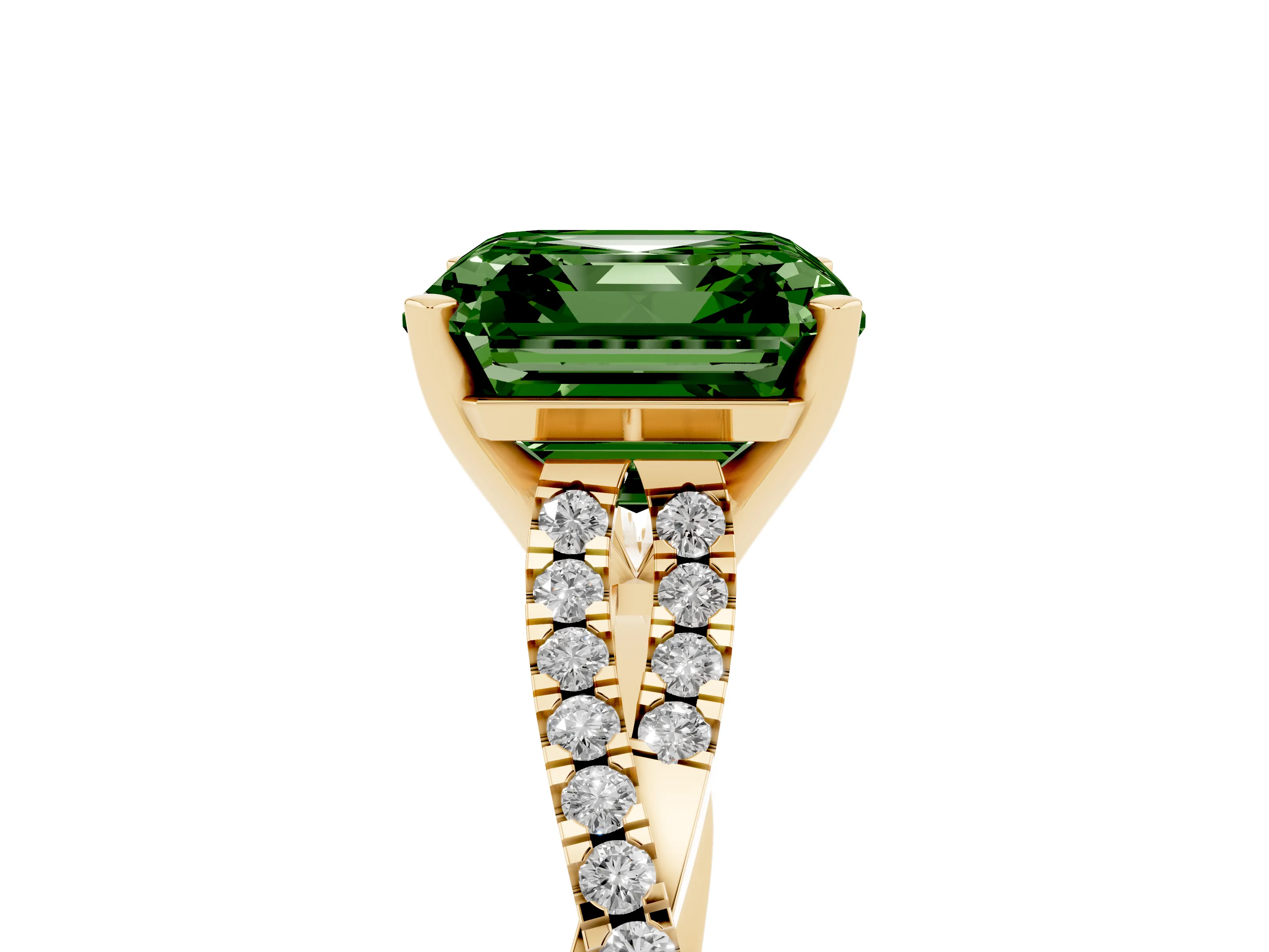 Fancy Green Asscher Cut Diamond Solitaire Engagement Ring Set in Yellow gold with Twisted Pavé Band and Prong Setting