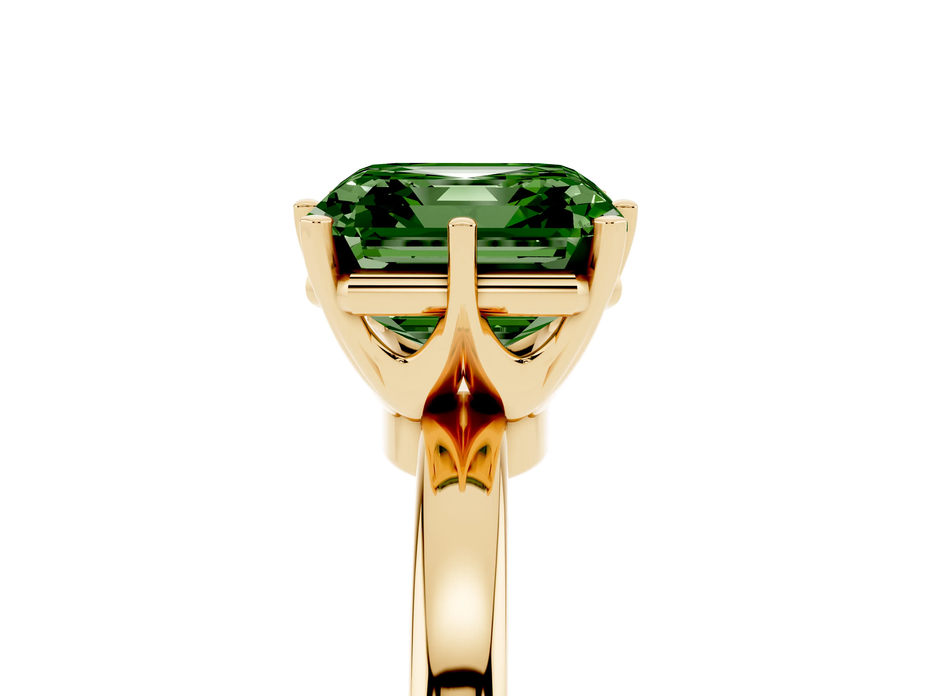 Fancy Green Asscher Cut Diamond Solitaire Ring Set in Yellow gold with Raised Prong Setting on a Classic Band