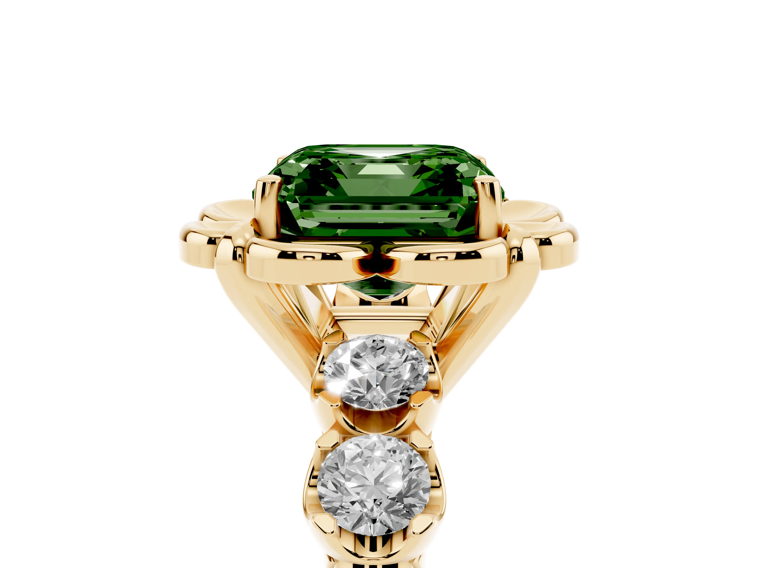Fancy Green Asscher Cut Diamond Floral Halo Ring Set in Yellow gold with Shared Prong Band