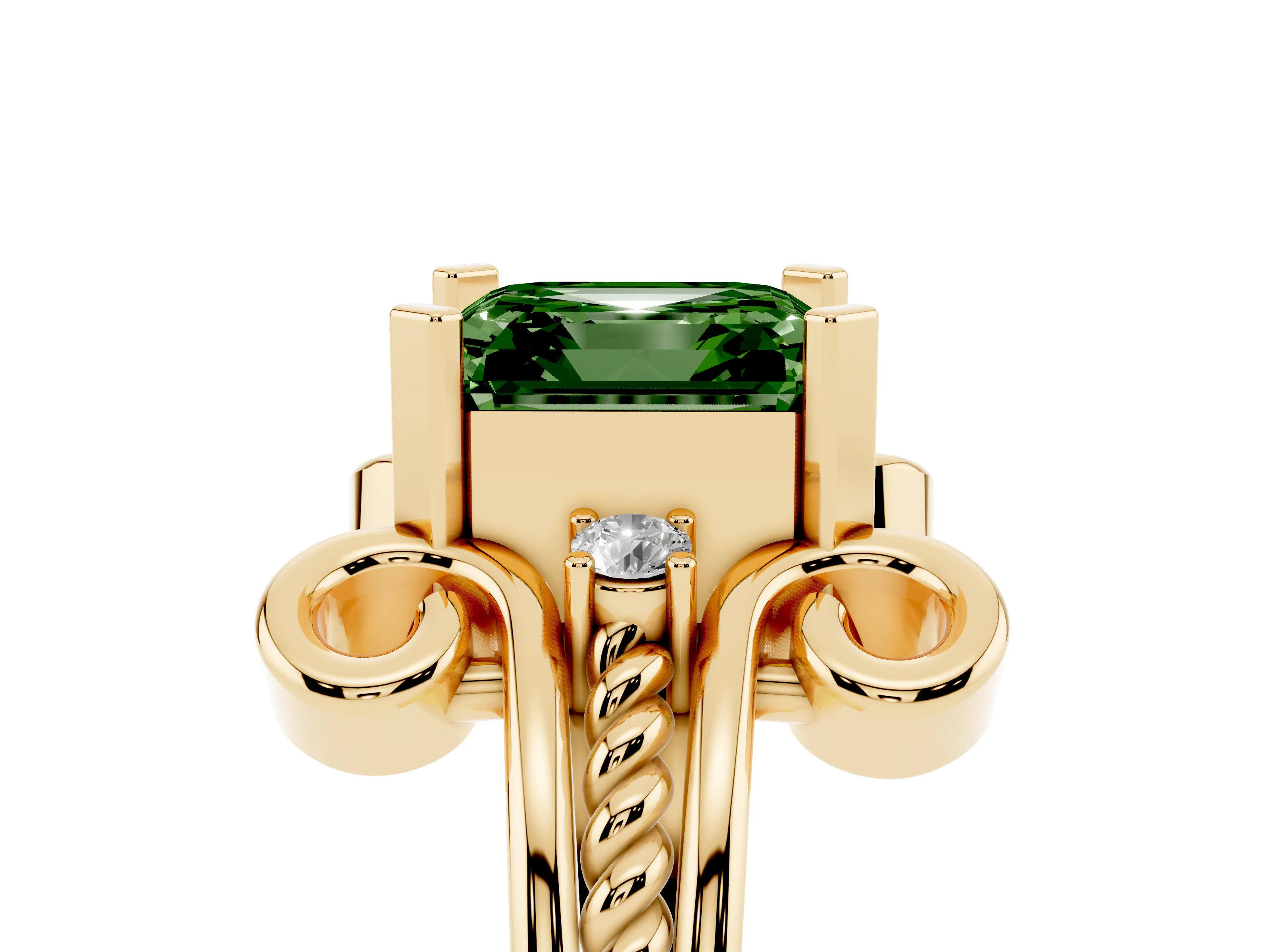 Fancy Green Asscher Cut Diamond Twisted Band Solitaire Ring Set in Yellow gold with Scroll Prongs