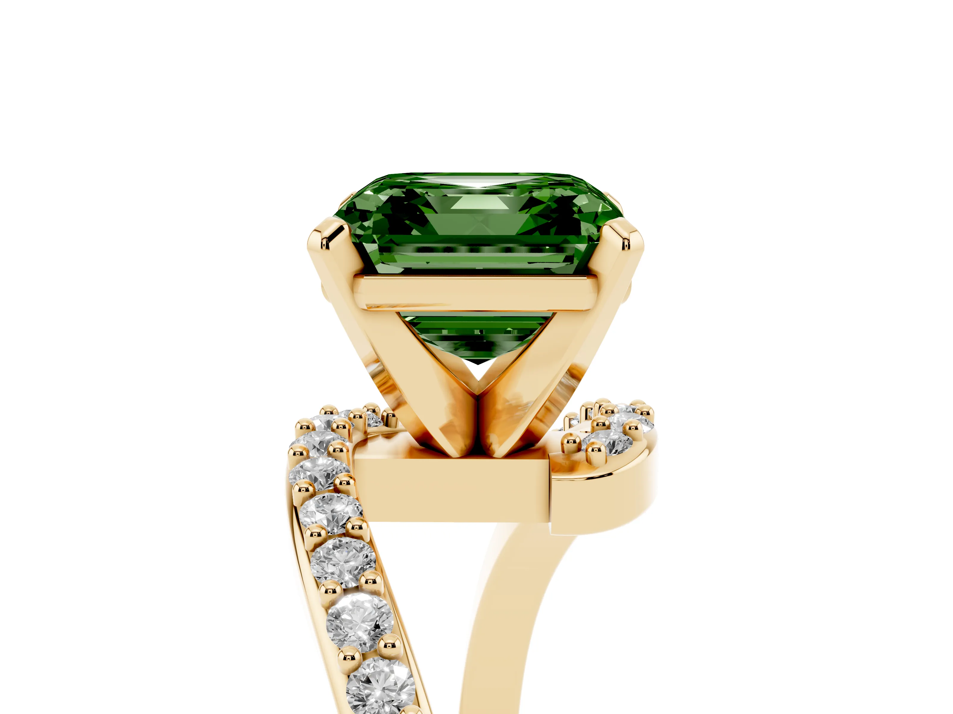 Fancy Green Asscher Cut Diamond Solitaire Ring Set in Yellow gold with Pavé Twist Band and Prong Setting