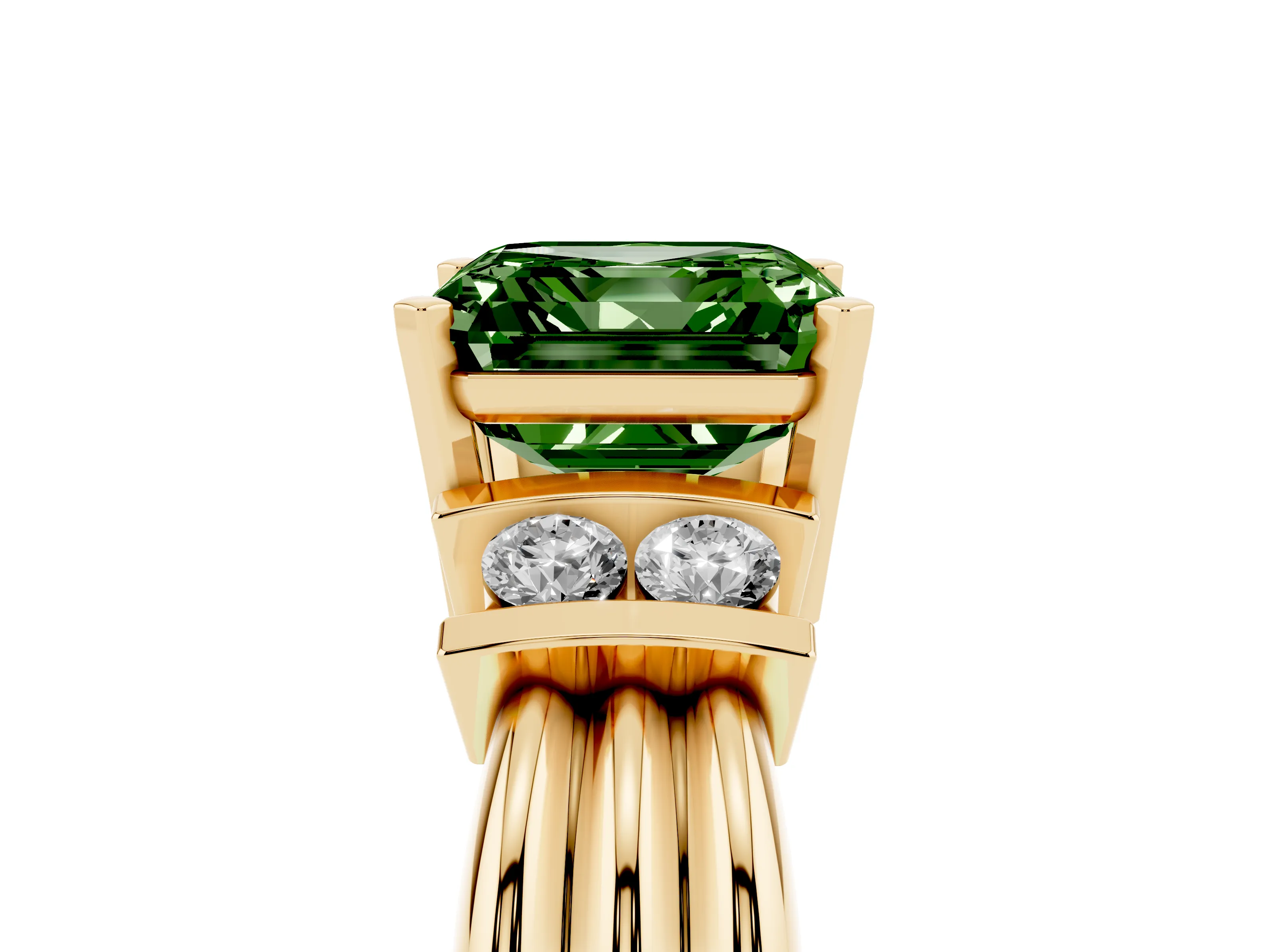 Fancy Green Three-Stone Asscher Cut Diamond Channel Set Ring Set in Yellow gold with Bar Prongs