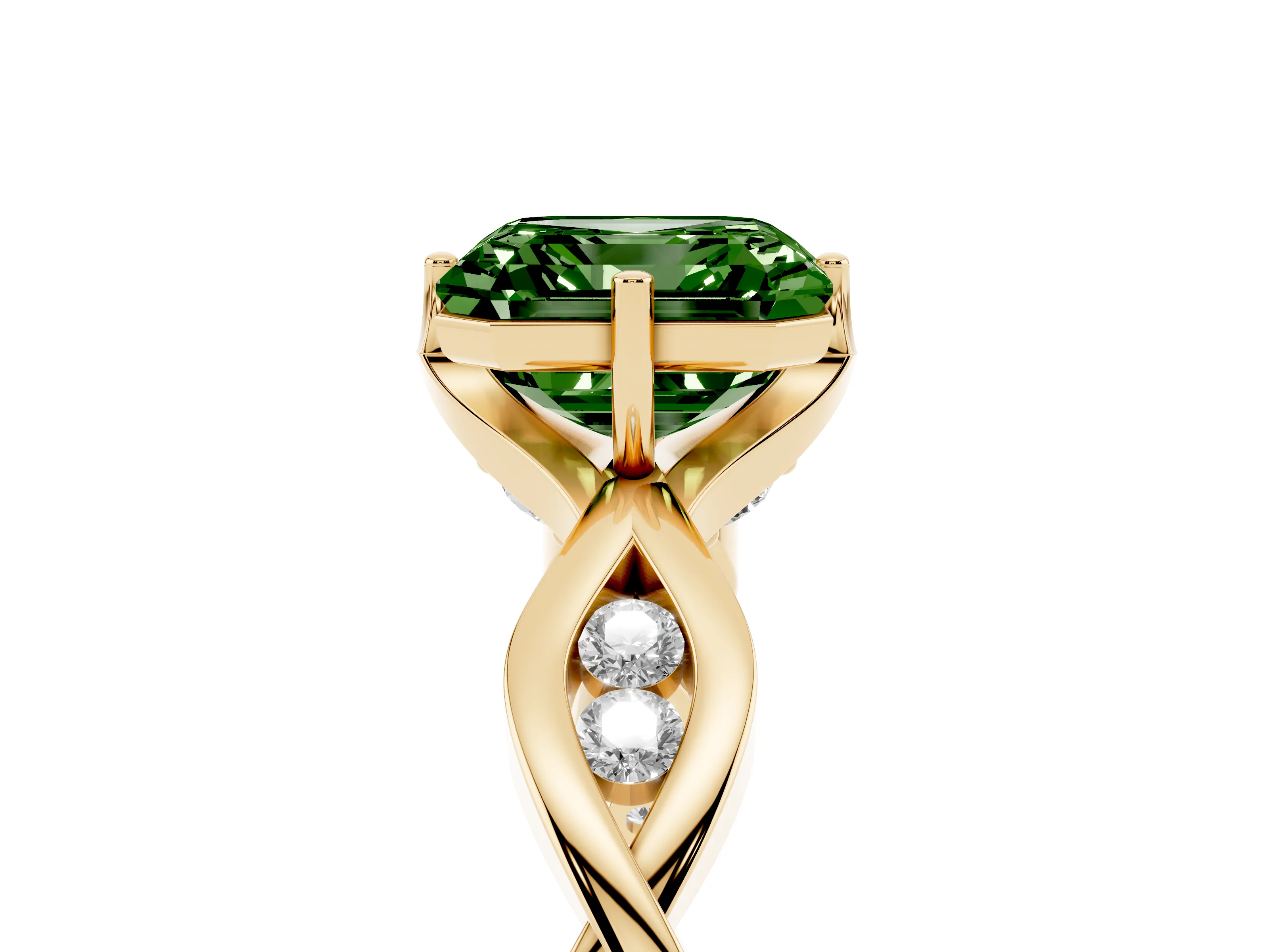 Fancy Green Asscher Cut Diamond Twist Band Solitaire Ring Set in Yellow gold with Leaf Prong Setting and Accent Stones