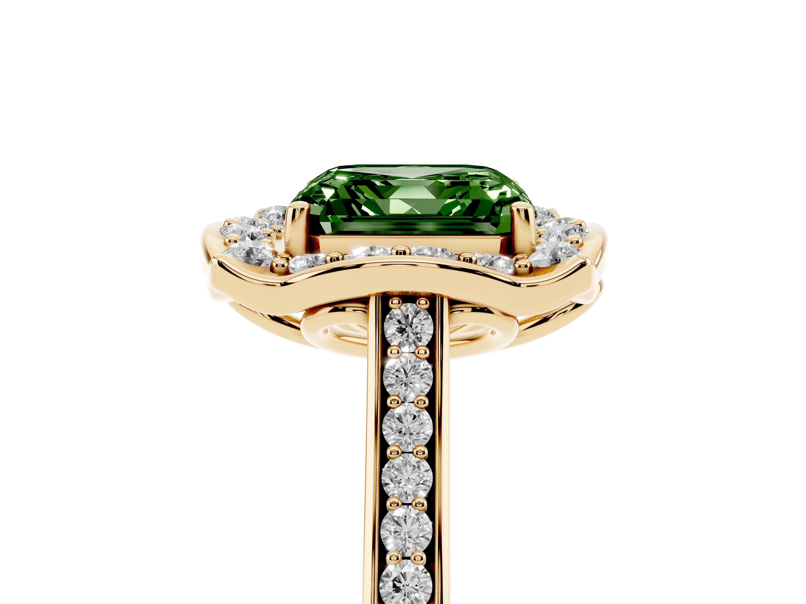 Fancy Green Asscher Cut Diamond Halo Ring Set in Yellow gold with Pavé-Lined Shoulders and Prong Setting