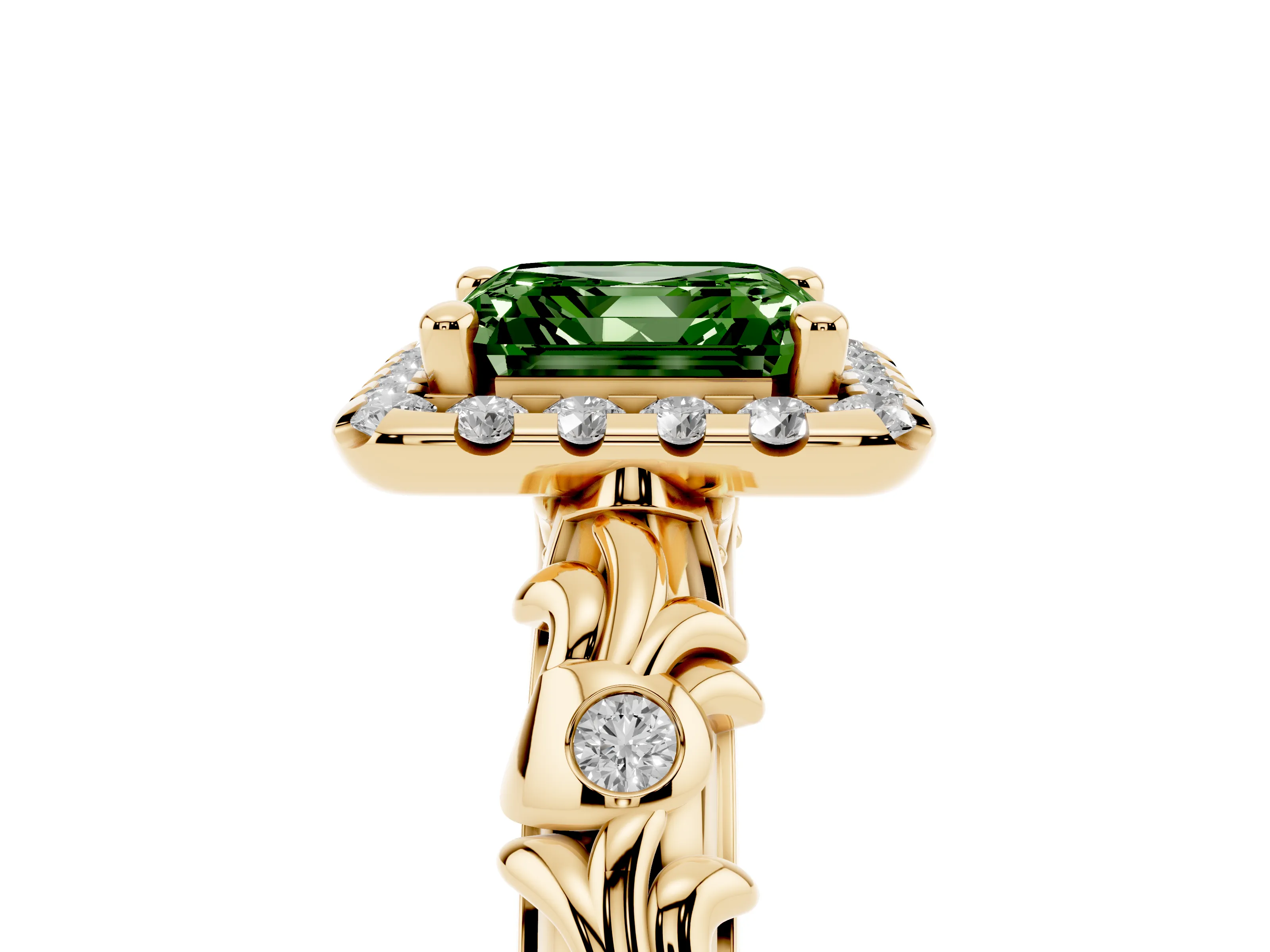 Fancy Green Asscher Cut Diamond Halo Ring Set in Yellow gold with Filigree Leaf Band and Prong Setting