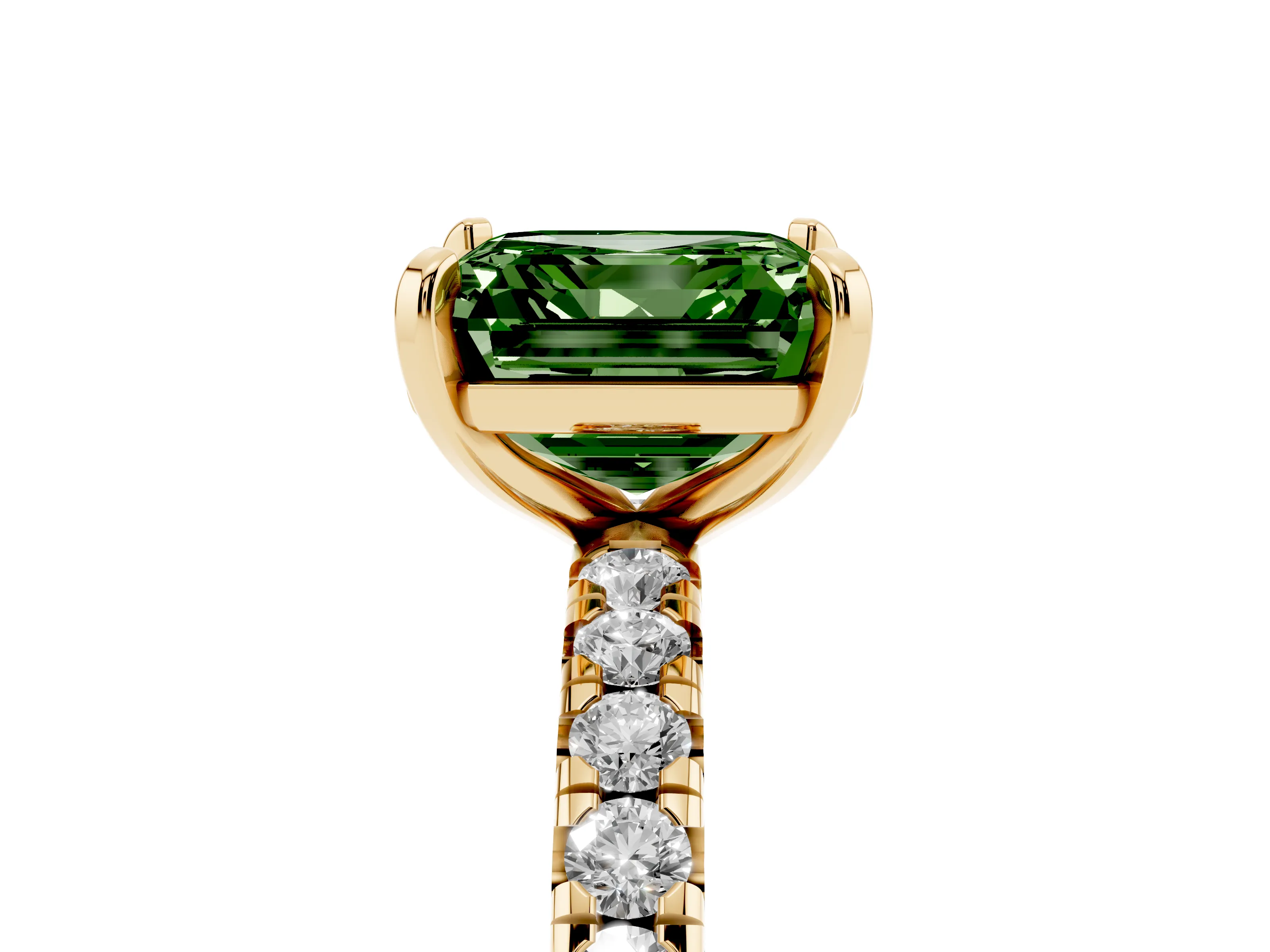 Fancy Green Asscher Cut Diamond Pavé Solitaire Ring Set in Yellow gold with Round Band and Prong Setting