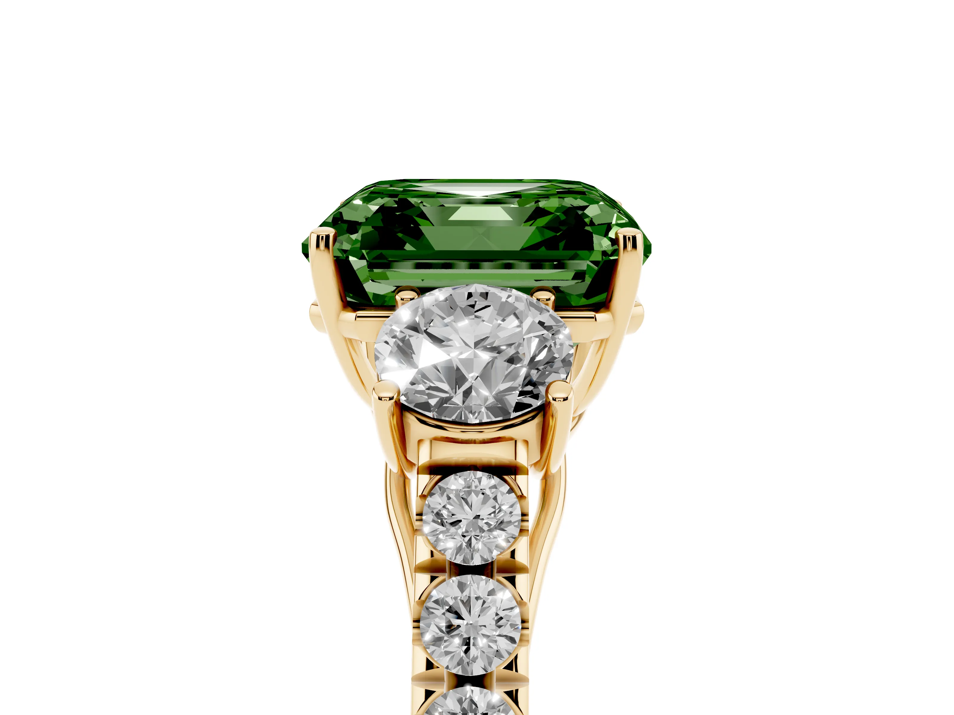 Fancy Green Asscher Cut Diamond Three-Stone Ring Set in Yellow gold with Round Side Stones and Delicate Pavé Band