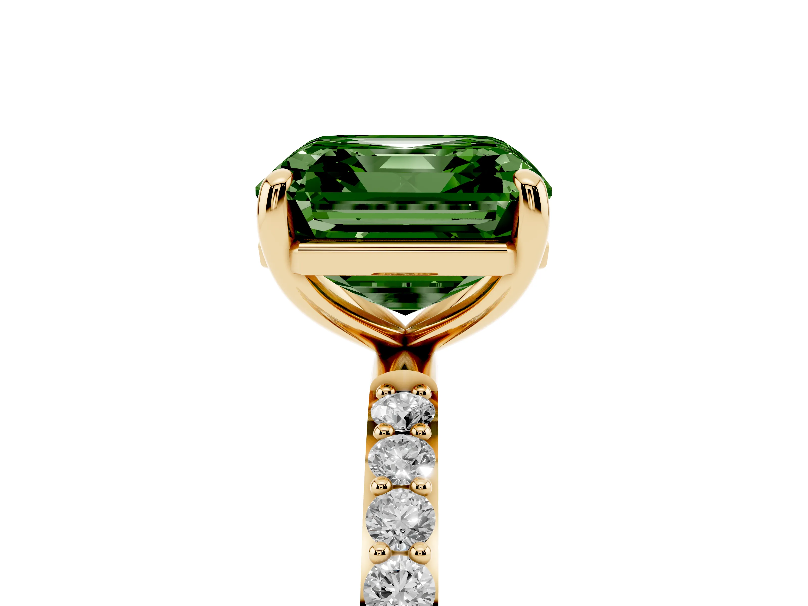 Fancy Green Asscher Cut Diamond Solitaire Ring Set in Yellow gold with Round Pavé Band and Prong Setting