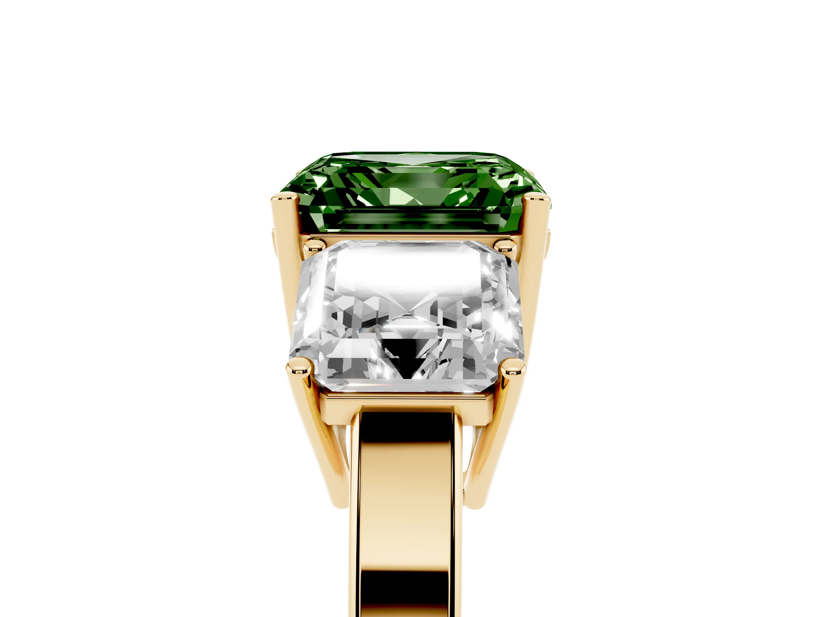 Fancy Green Asscher Cut Diamond Three-Stone Engagement Ring Set in Yellow gold with Flat Band