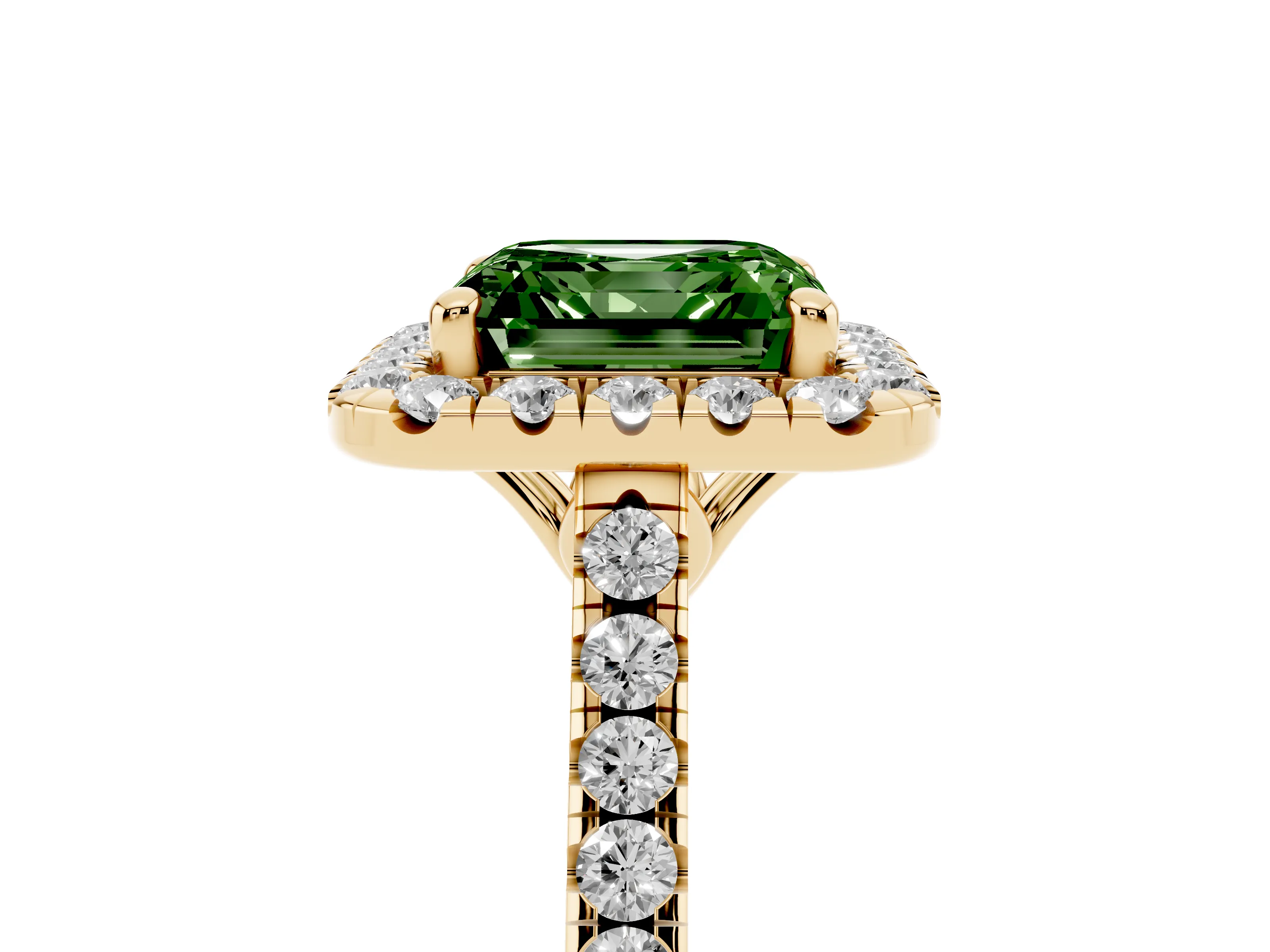 Fancy Green Asscher Cut Diamond Pavé Halo Engagement Ring Set in Yellow gold with Pavé Band and Prong Setting