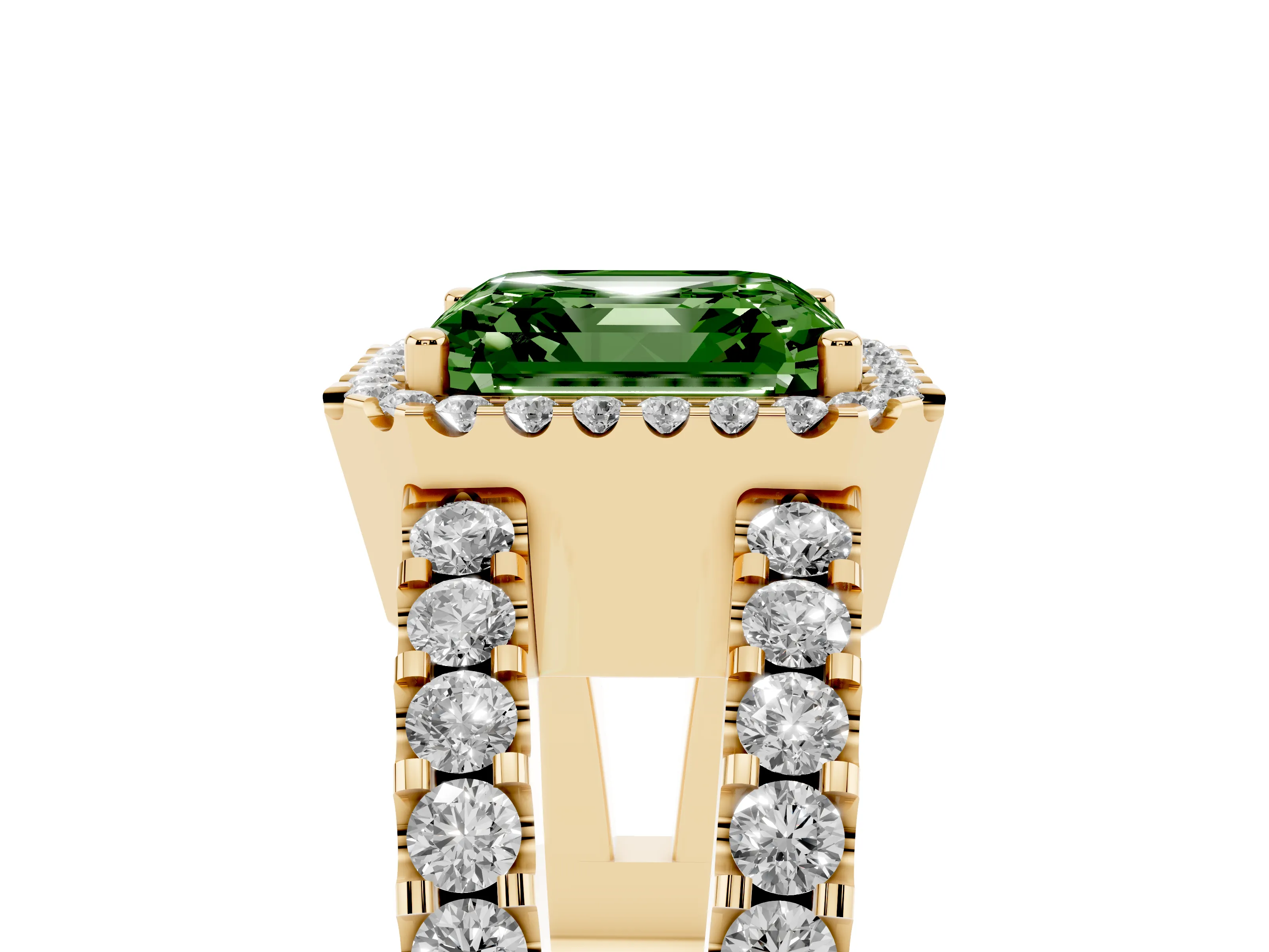 Fancy Green Asscher Cut Diamond Halo Ring Set in Yellow gold with Pavé Split Shank and Prong Setting