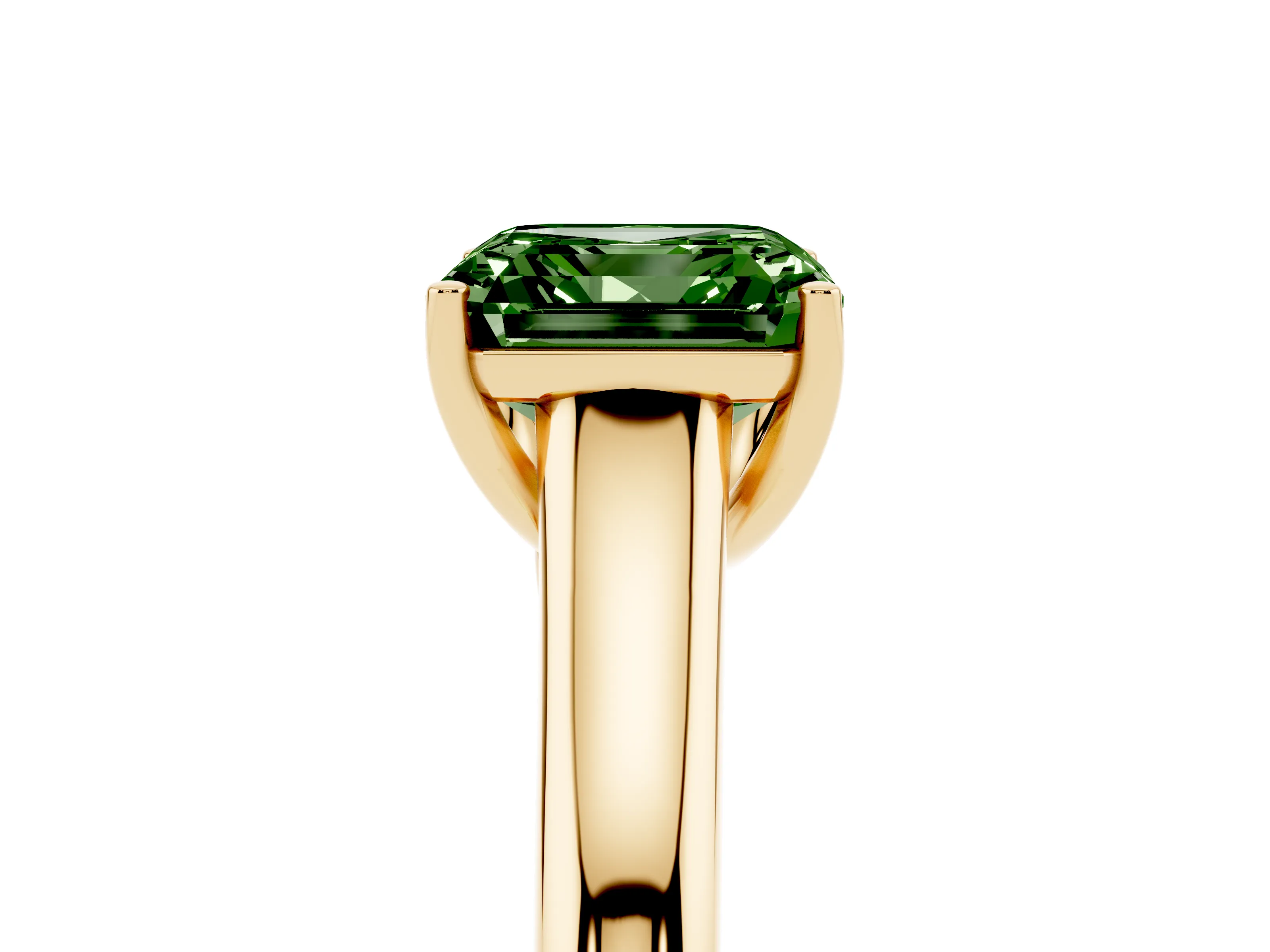 Fancy Green Asscher Cut Diamond Solitaire Engagement Ring Set in Yellow gold with Subtly Tapered Band and Prong Setting