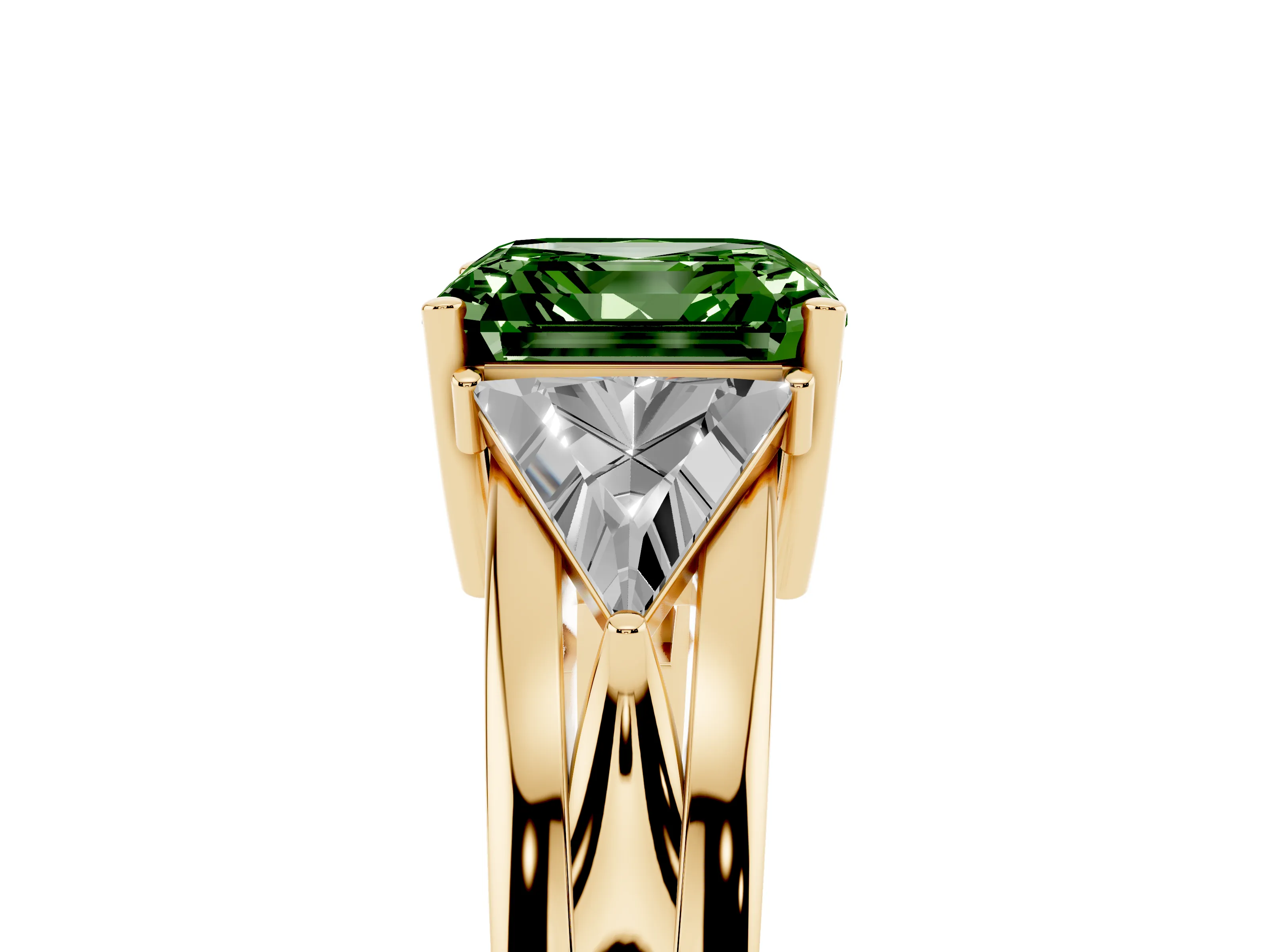 Fancy Green Asscher Cut Diamond Three-Stone Ring Set in Yellow gold with Trillion Side Stones and Split Shank