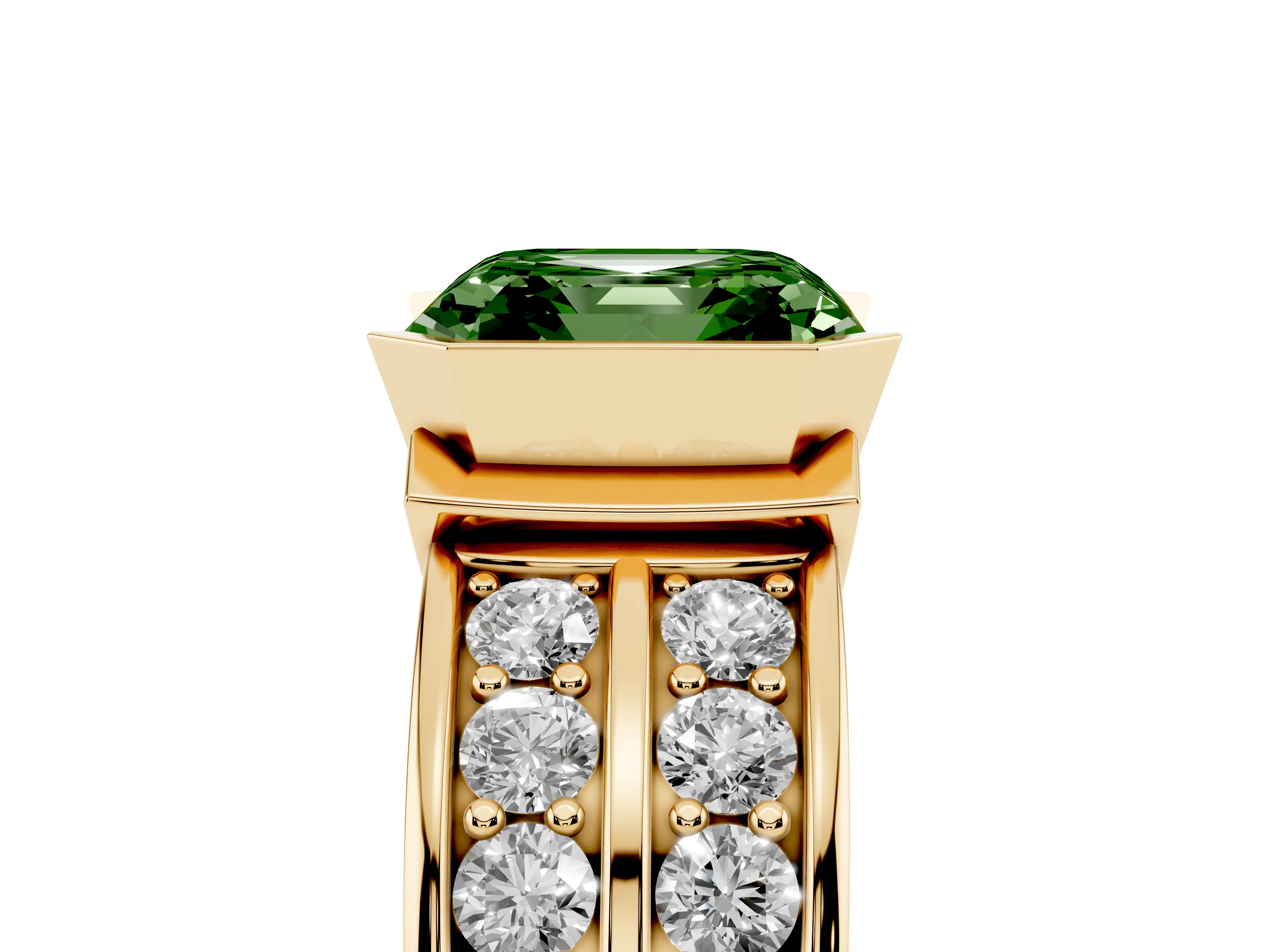 Fancy Green Asscher Cut Diamond Wide Channel Set Band Ring Set in Yellow gold with Bezel Setting