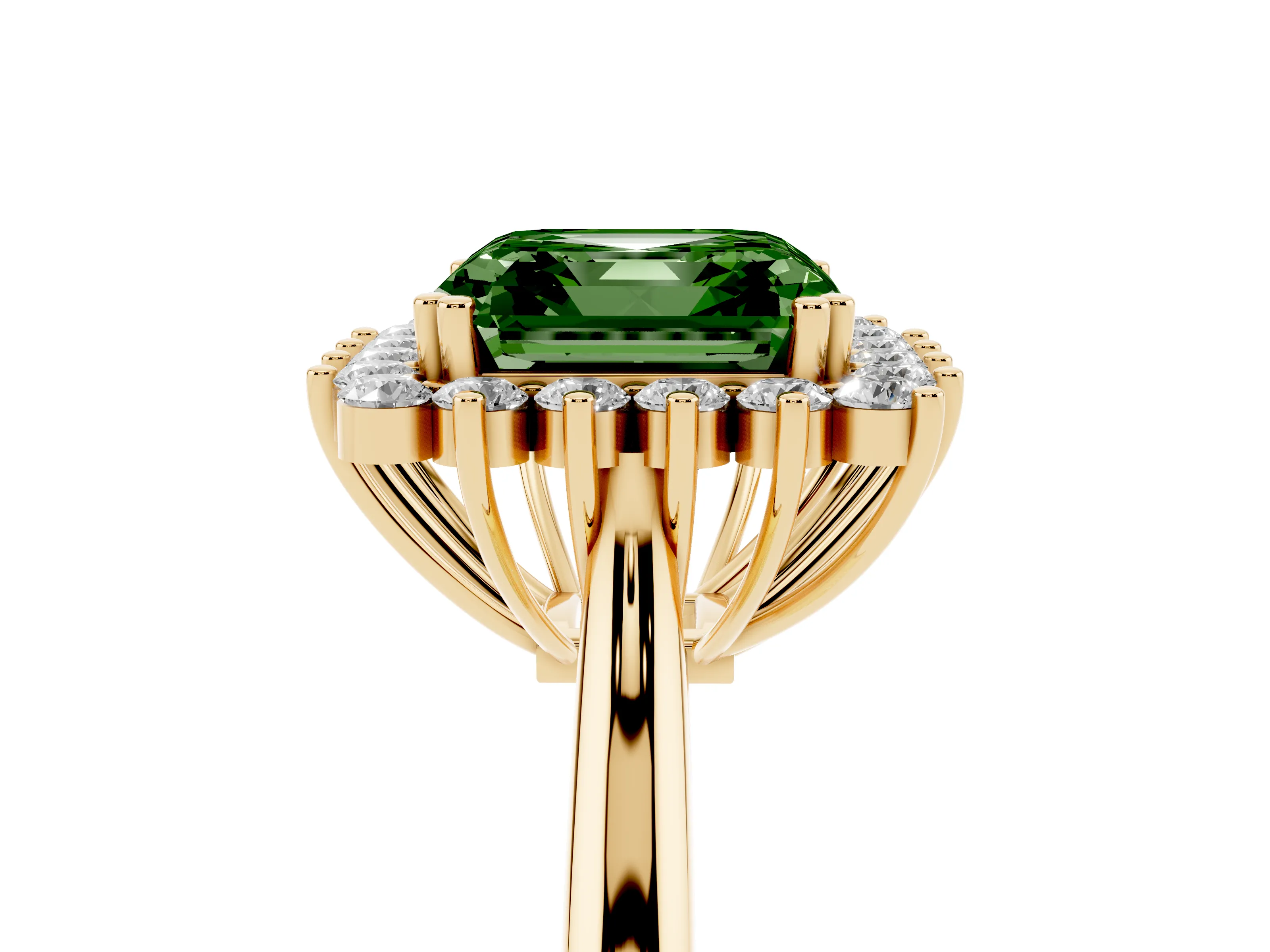 Fancy Green Asscher Cut Diamond Halo Ring Set in Yellow gold with Plain Solitaire Band and Prong Setting