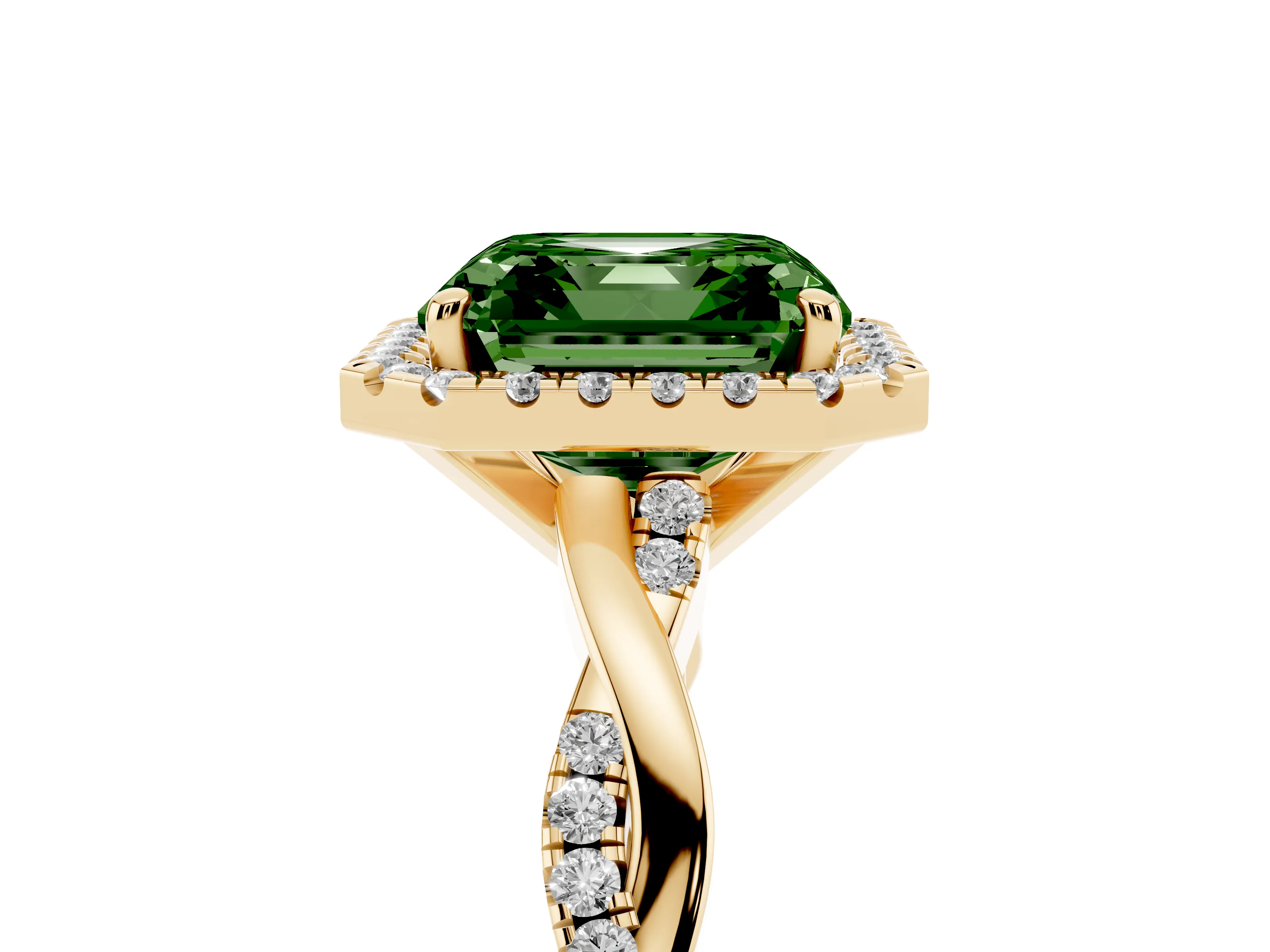 Fancy Green Asscher Cut Diamond Halo Twisted Band Ring Set in Yellow gold with Prong Setting