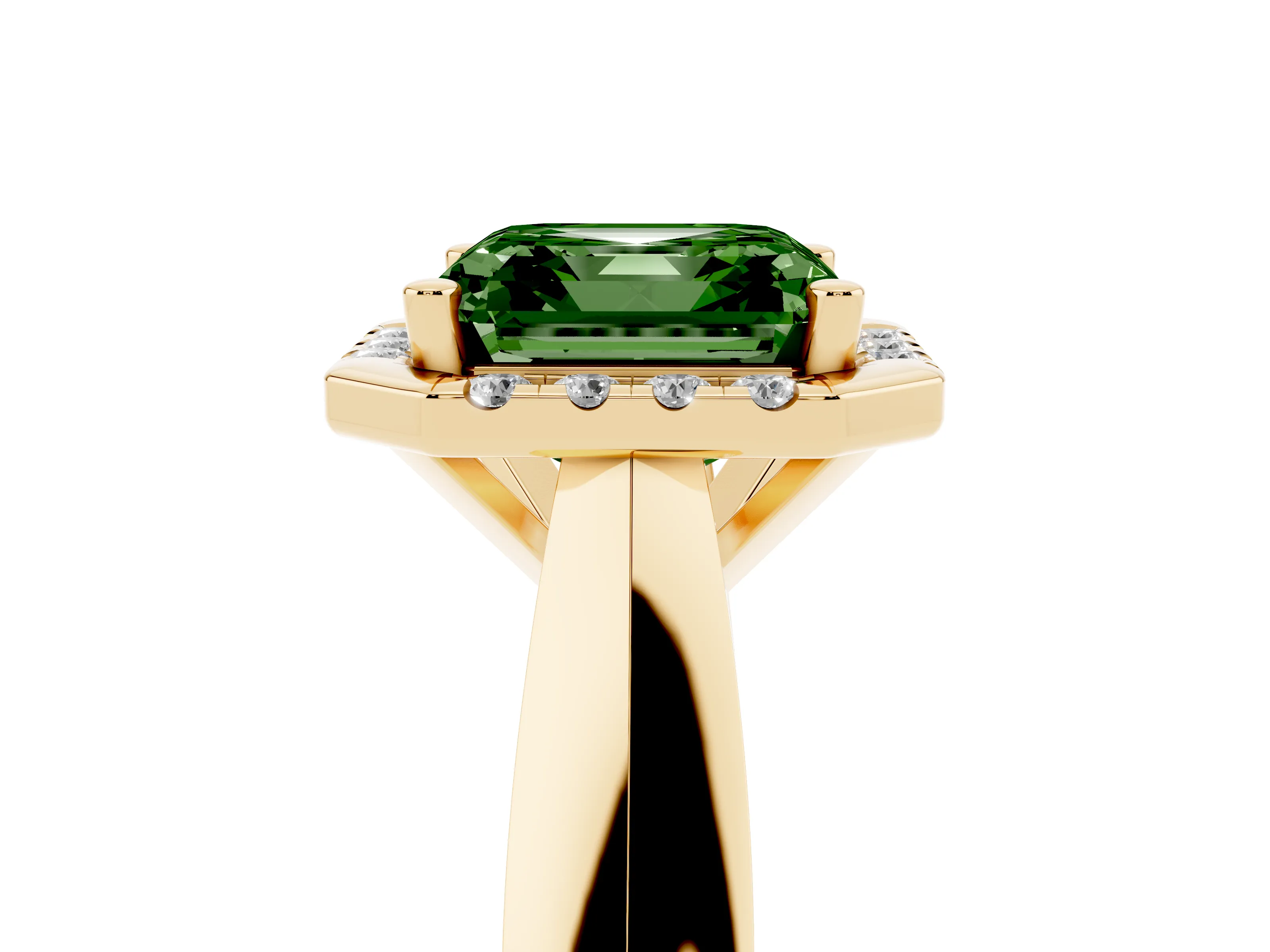 Fancy Green Asscher Cut Diamond Halo Solitaire Engagement Ring Set in Yellow gold with Square Band and Prong Setting