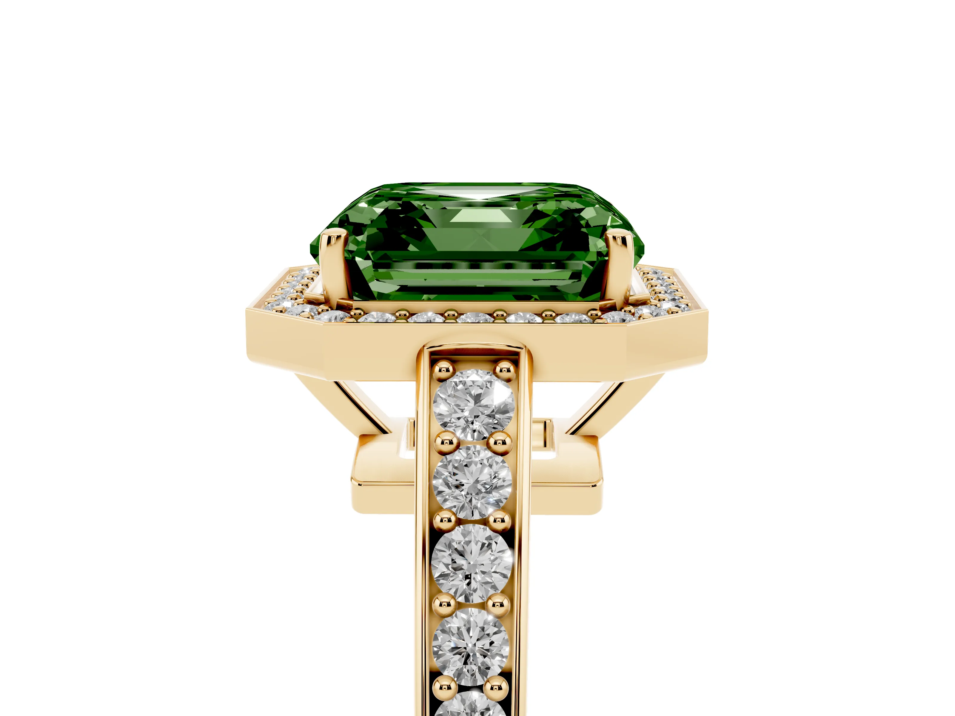 Fancy Green Asscher Cut Diamond Halo Pavé Engagement Ring Set in Yellow gold with Bezel Setting