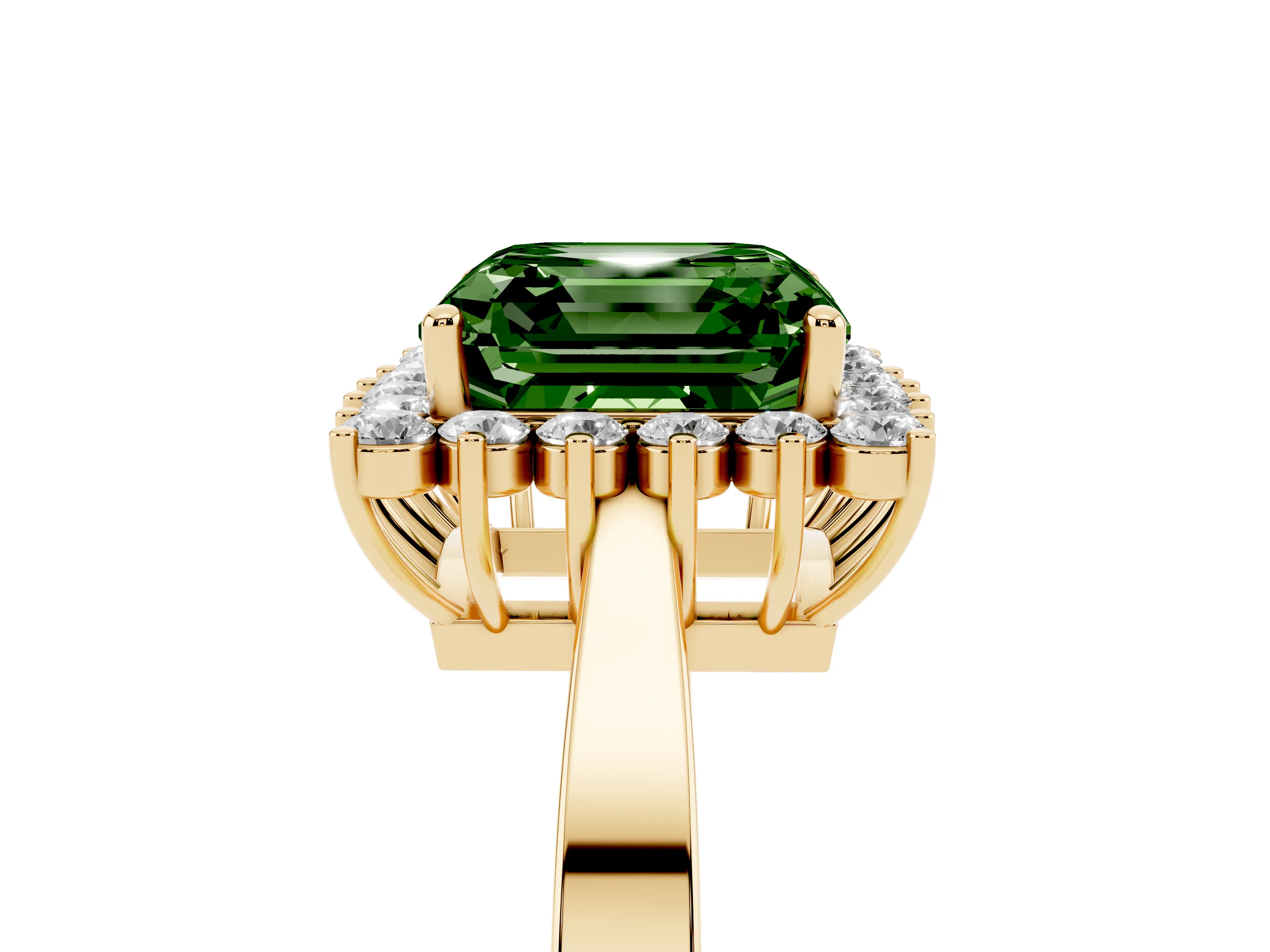 Fancy Green Asscher Cut Diamond Halo Ring Set in Yellow gold with Round Halo and Smooth Solitaire Band
