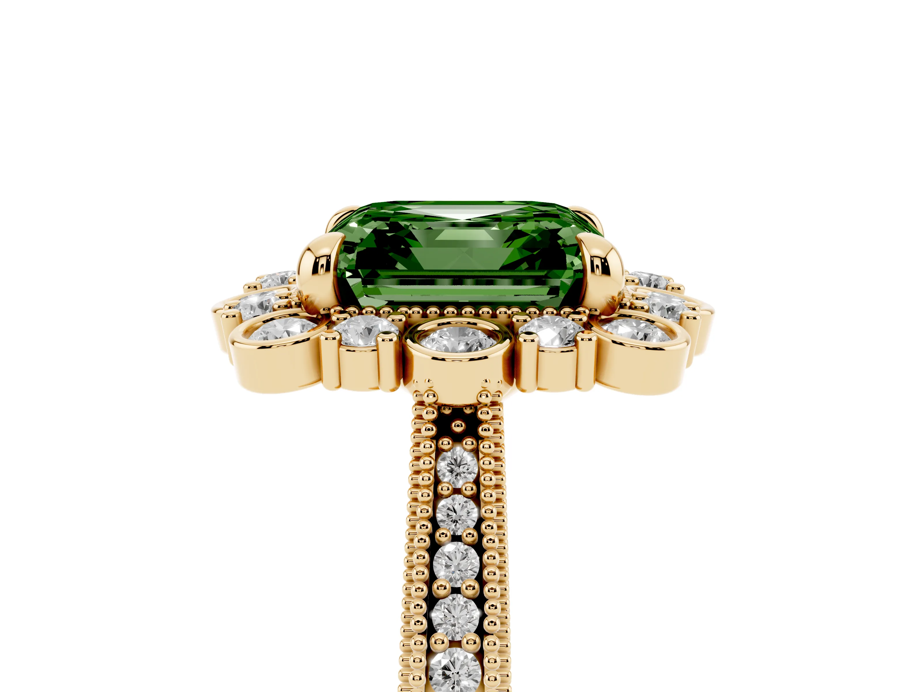 Fancy Green Asscher Cut Diamond Halo Milgrain Pavé Ring Set in Yellow gold with Prong Setting