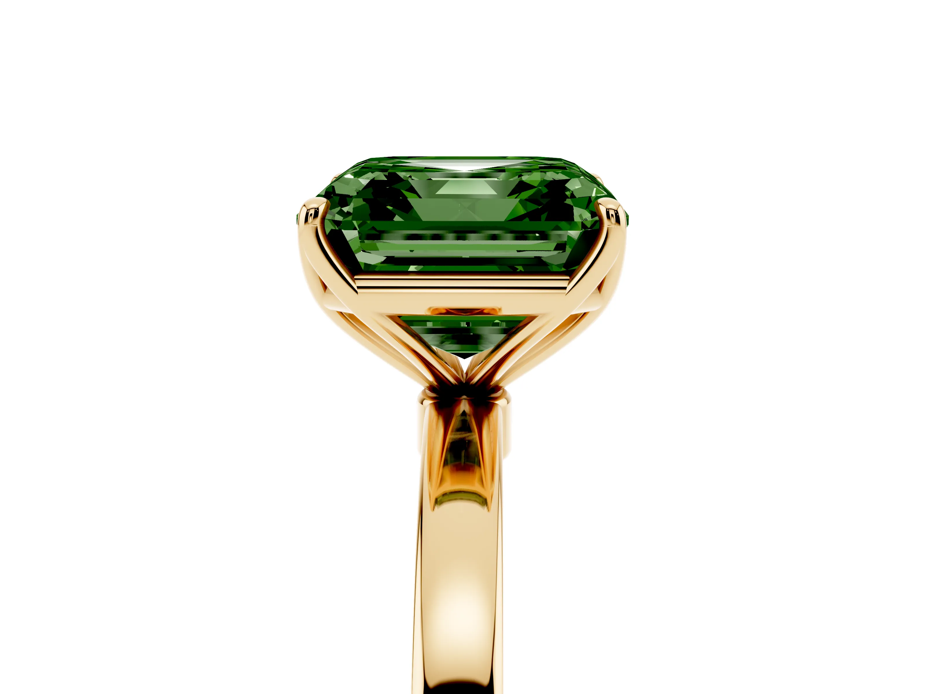 Fancy Green Asscher Cut Diamond Solitaire Ring Set in Yellow gold with Prong Setting and Thin Polished Band