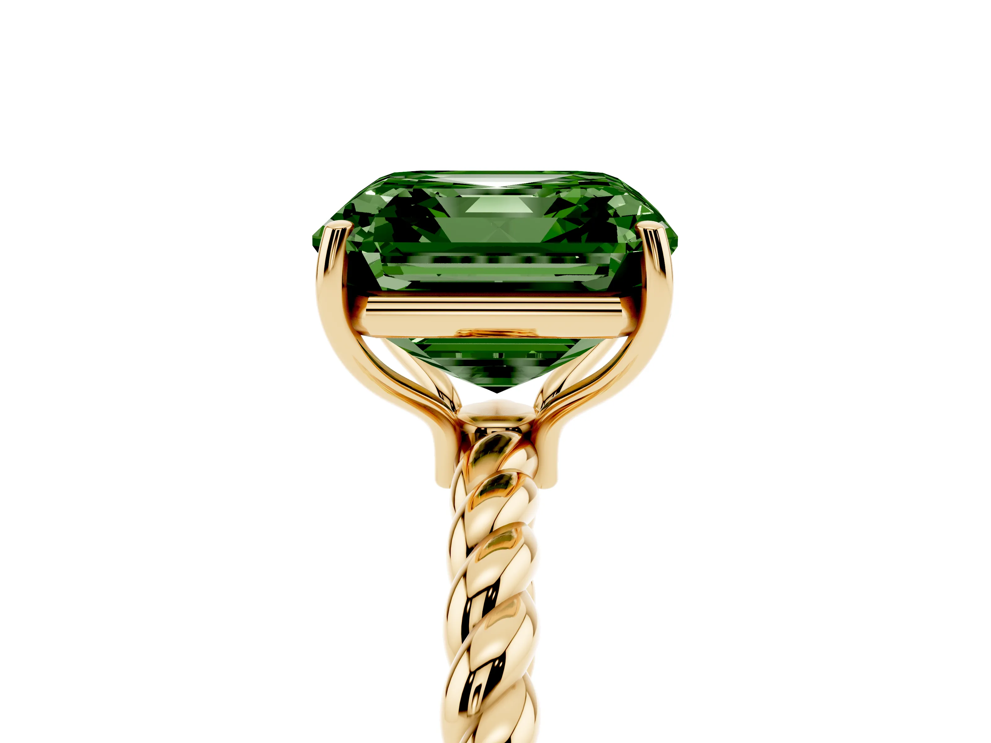 Fancy Green Asscher Cut Diamond Solitaire Ring Set in Yellow gold with Twist Band and Prong Setting